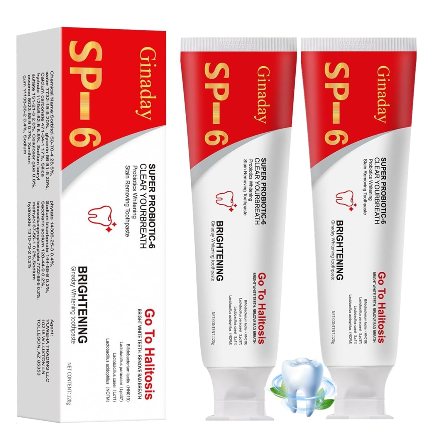 2Pcs SP-6 Probiotic Whitening Toothpaste, 6 Probiotics Formula for Teeth Whitening and Gum Health, Fluoride-Free Toothpastes, Fresh Breath Mint Flavor