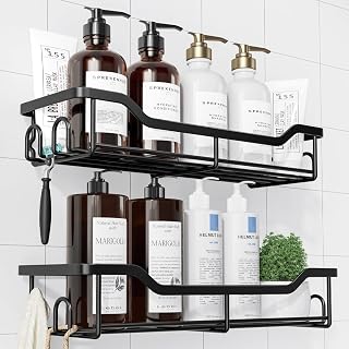 Kitsure Large Adhesive Shower Caddy 2-Pack - Rustproof Stainless Steel No-Drill Organizer with Hooks, Black Bathroom Storage
