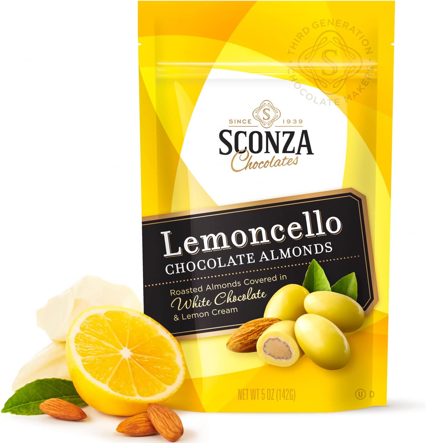 Lemoncello Chocolate Covered Almonds Brought To You By , Produced By Sconza - Roasted Almond Covered With White Chocolate And Lemon Cream Candy | 5 Oz, Snack Gift