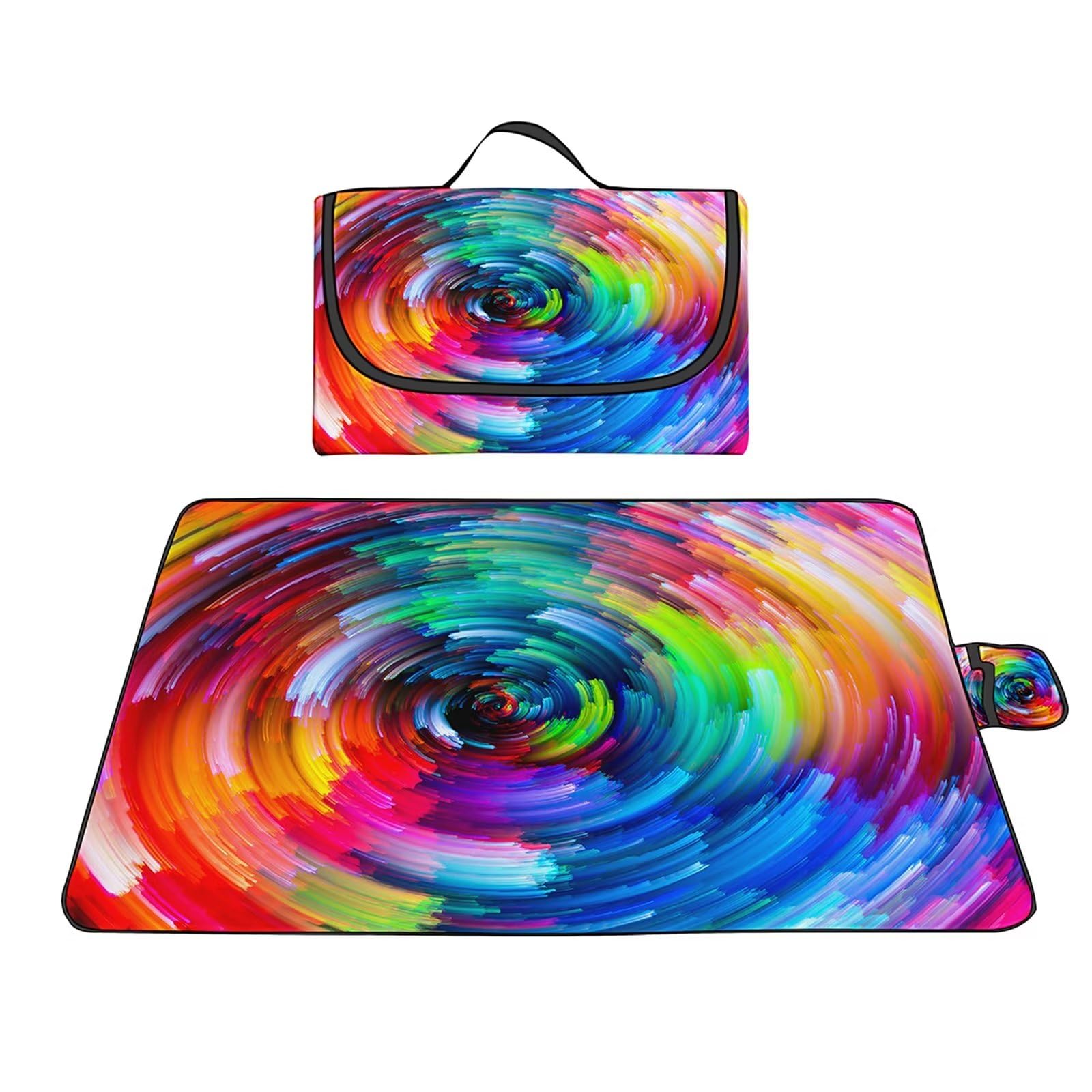 Couverture Pique-nique Imperméable 100x150cm,Couverture Plage Extérieure XXL Tapis de Plage,Vortex arc-en-ciel Camping Couverture étanche Pique-nique avec Poignée pour Camping Randonnée Parc Plage
