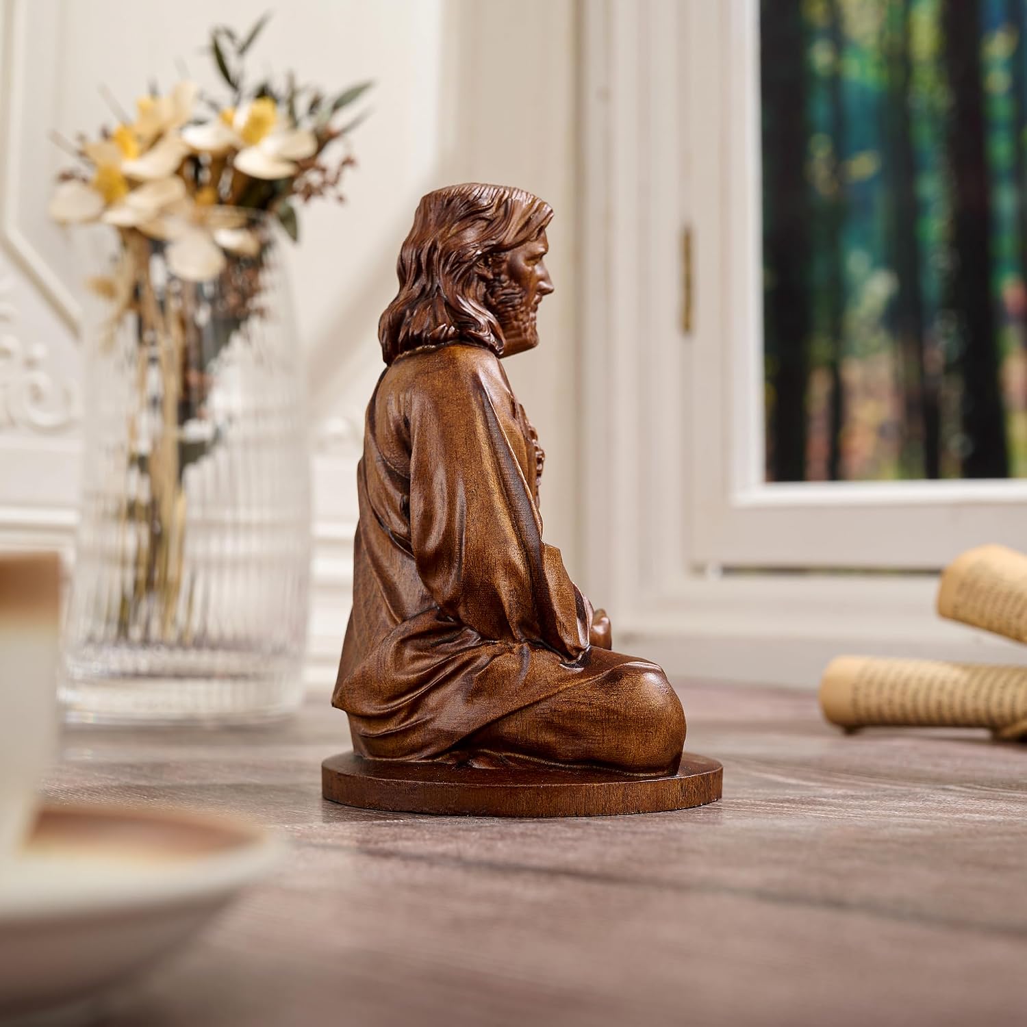 Jesus Figurine，Wooden Statue of Jesus Meditating image 5