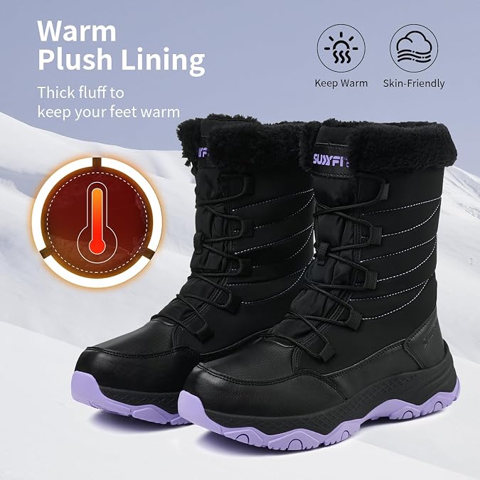 Snow Boots for Women Waterproof Mid-Calf Booties Winter Hiking Boot Durable Warm Fur Lined Boot Non-Slip Warm Climbing Shoes Walking, Cold Weather