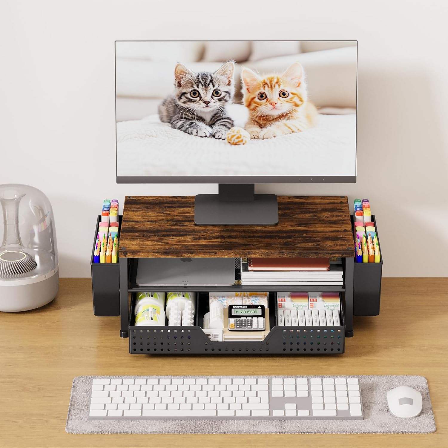 OPNICE Wood Desk Organizers and Accessories, 2-Tier Computer Monitor Stand Riser with Drawer and 2 Pen Holders, Laptop Stand, Office Desk Accessories for Office Supplies, Brown