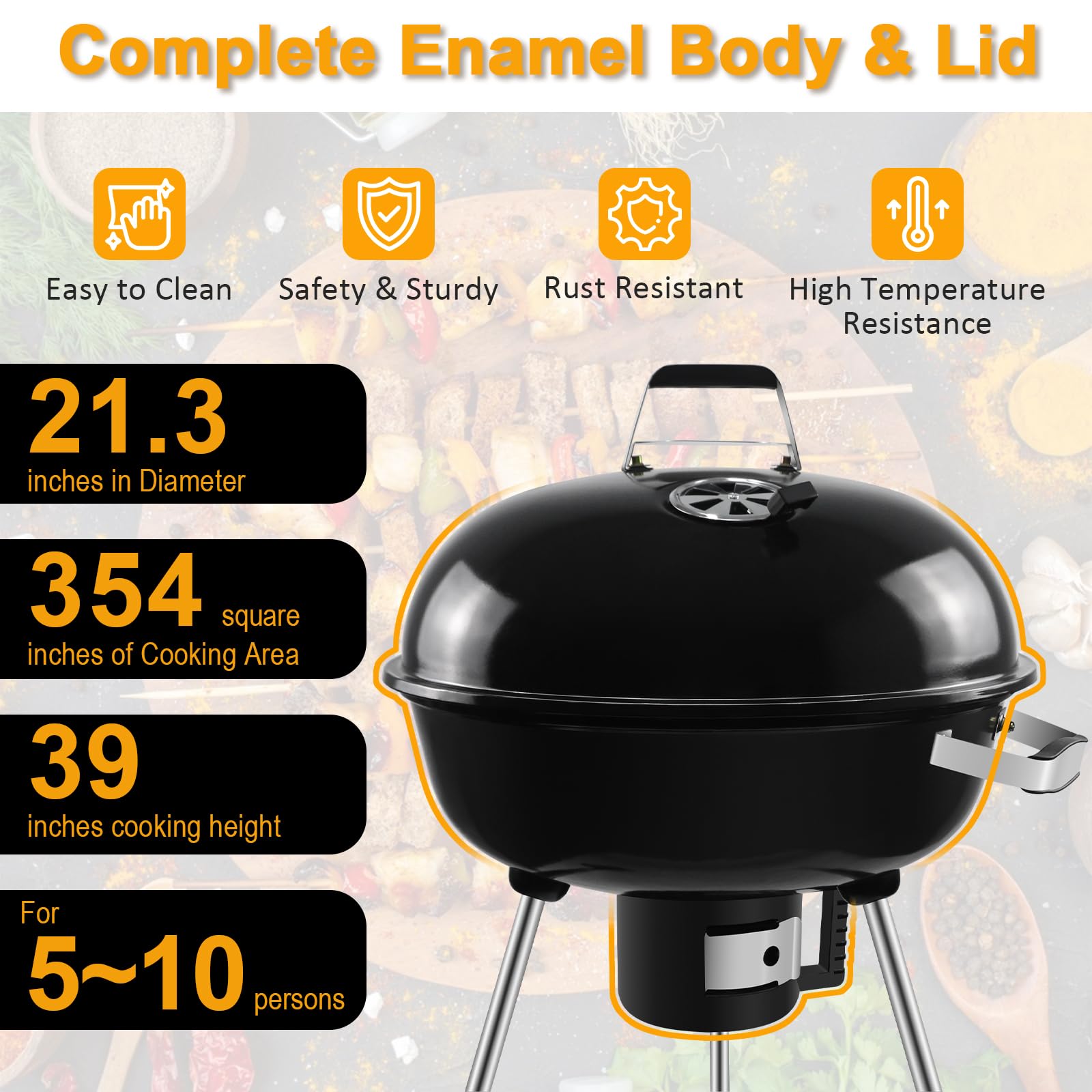 Kugelgrill Holzkohlegrill mit Deckel 64x64x99 cm Schwarz | Grillrostdurchmesser 54 cm, Holzkohlegrillwagen mit Rädern, Für Camping geeignet