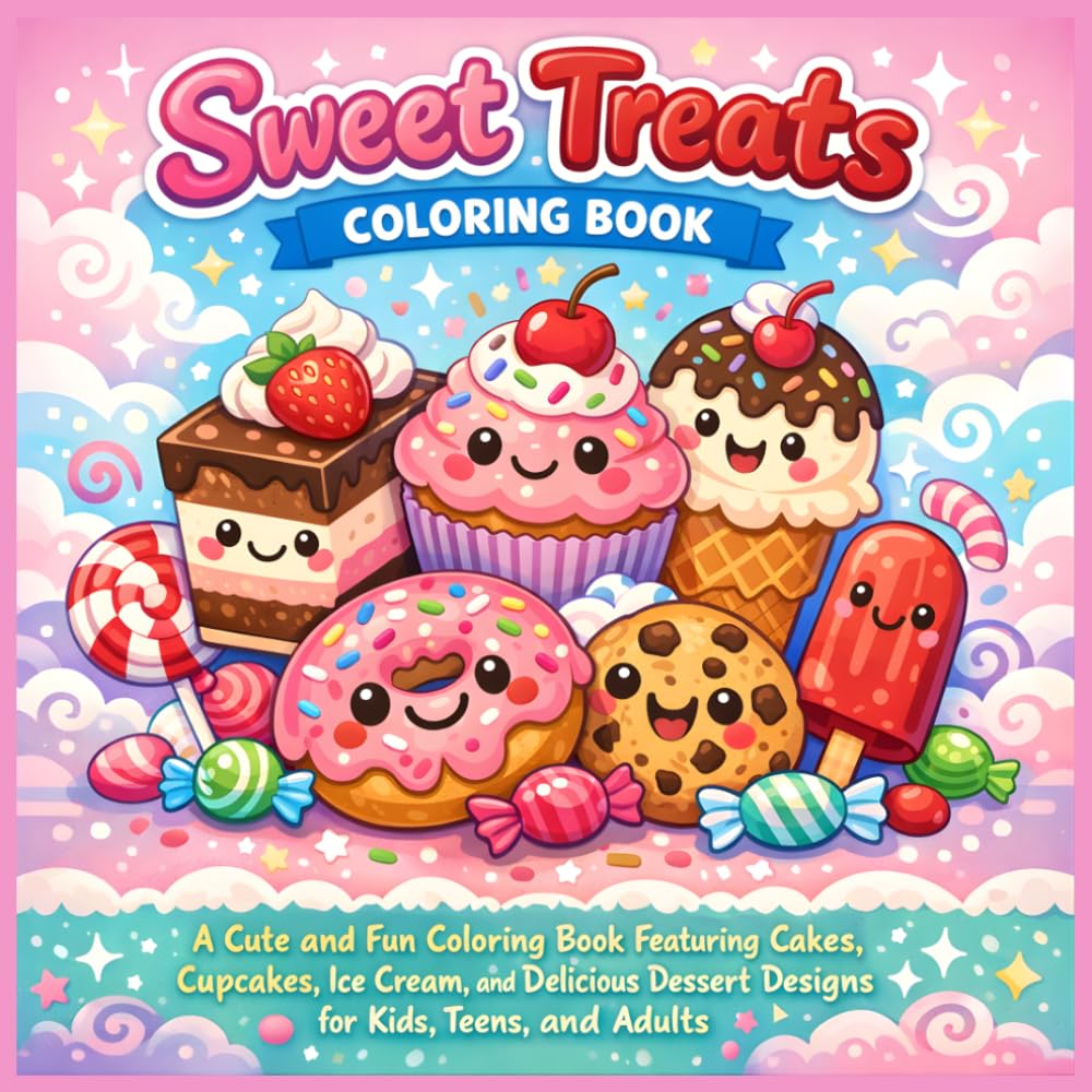 Sweet Treats Coloring Book: A Cute and Fun Coloring Book Featuring Cakes, Cupcakes, Ice Cream, and Delicious Dessert Designs for Kids, Teens, and Adults