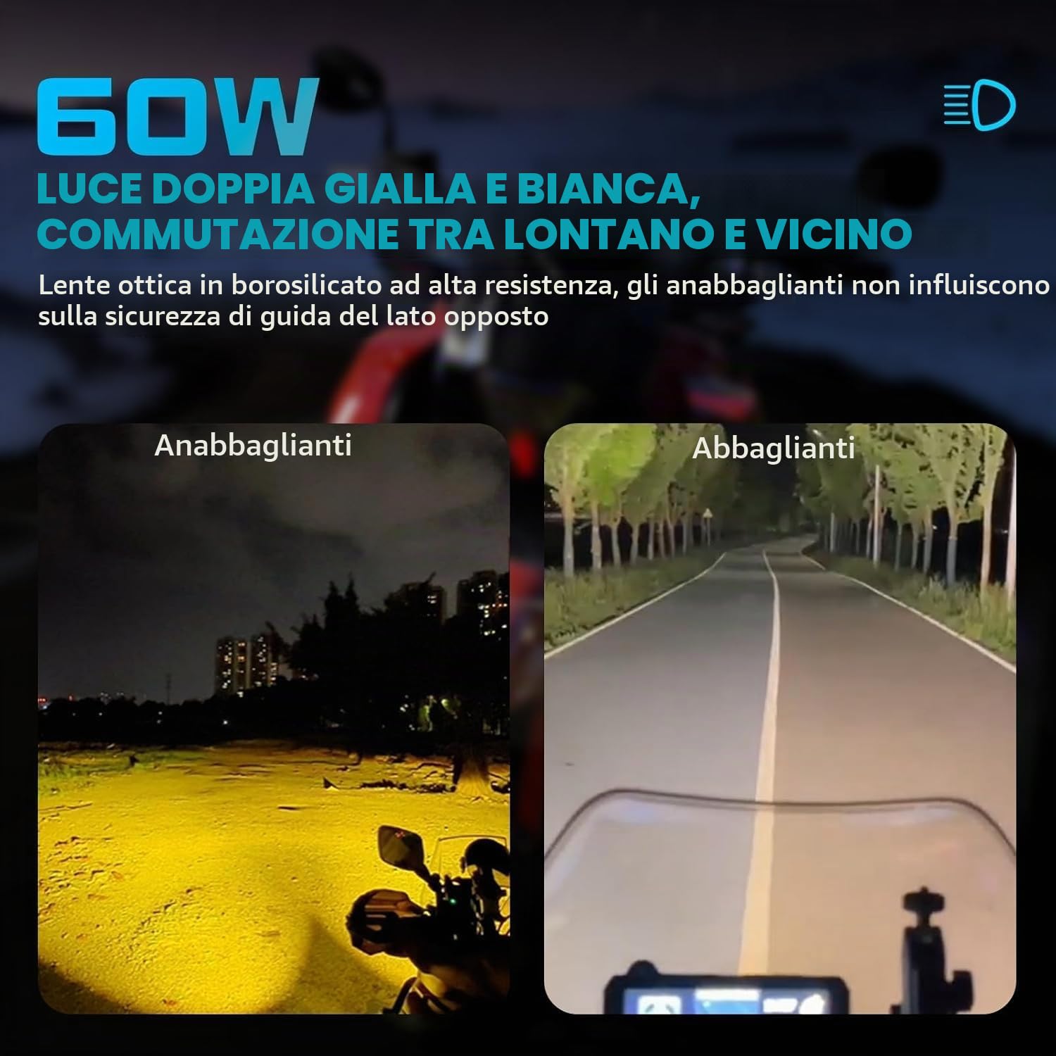 Faretti ausiliari per moto a LED bianco/ambra, fendinebbia con staffe di montaggio, cablaggio, impermeabili, luci di lavoro fuoristrada, compatibili con moto J-eep auto camion 60 W lampade di guida