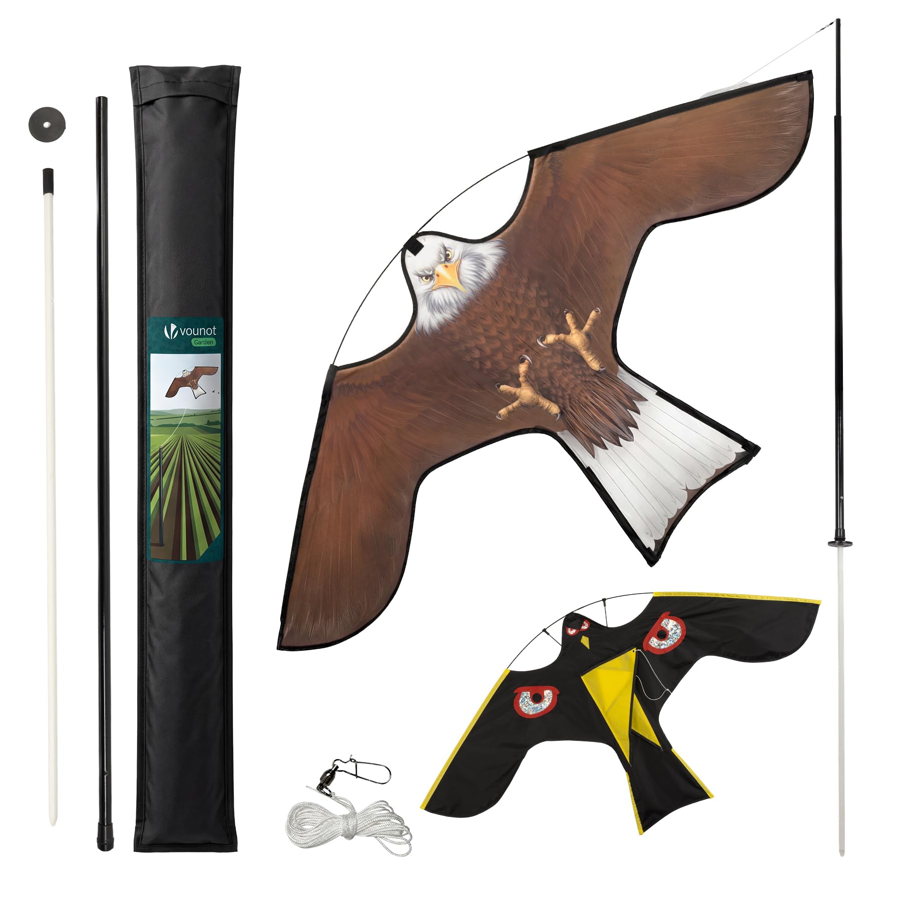 VOUNOT® Bird Scarer Kite with 4m Telescopic Pole, Realistic Hawk Bird Deterrent, 2 Interchangeable Kites for Garden, Farm, Allotment, Outdoor Lawn, Model B&G