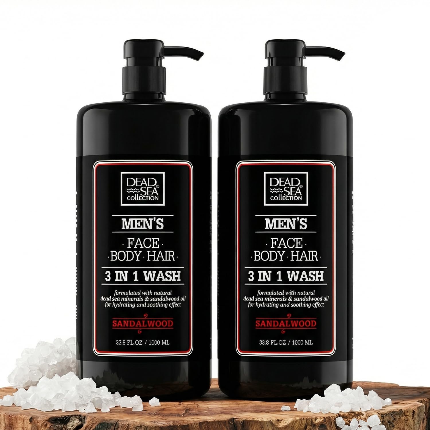 Dead Sea Collection Mens Body Wash 3 in 1 – Sandalwood Body Wash for Men – Shower Gel – Shampoo – Shower Soap for Face and Hair – Pack of 2 Bottles (33.8 Fl. Oz. Each)