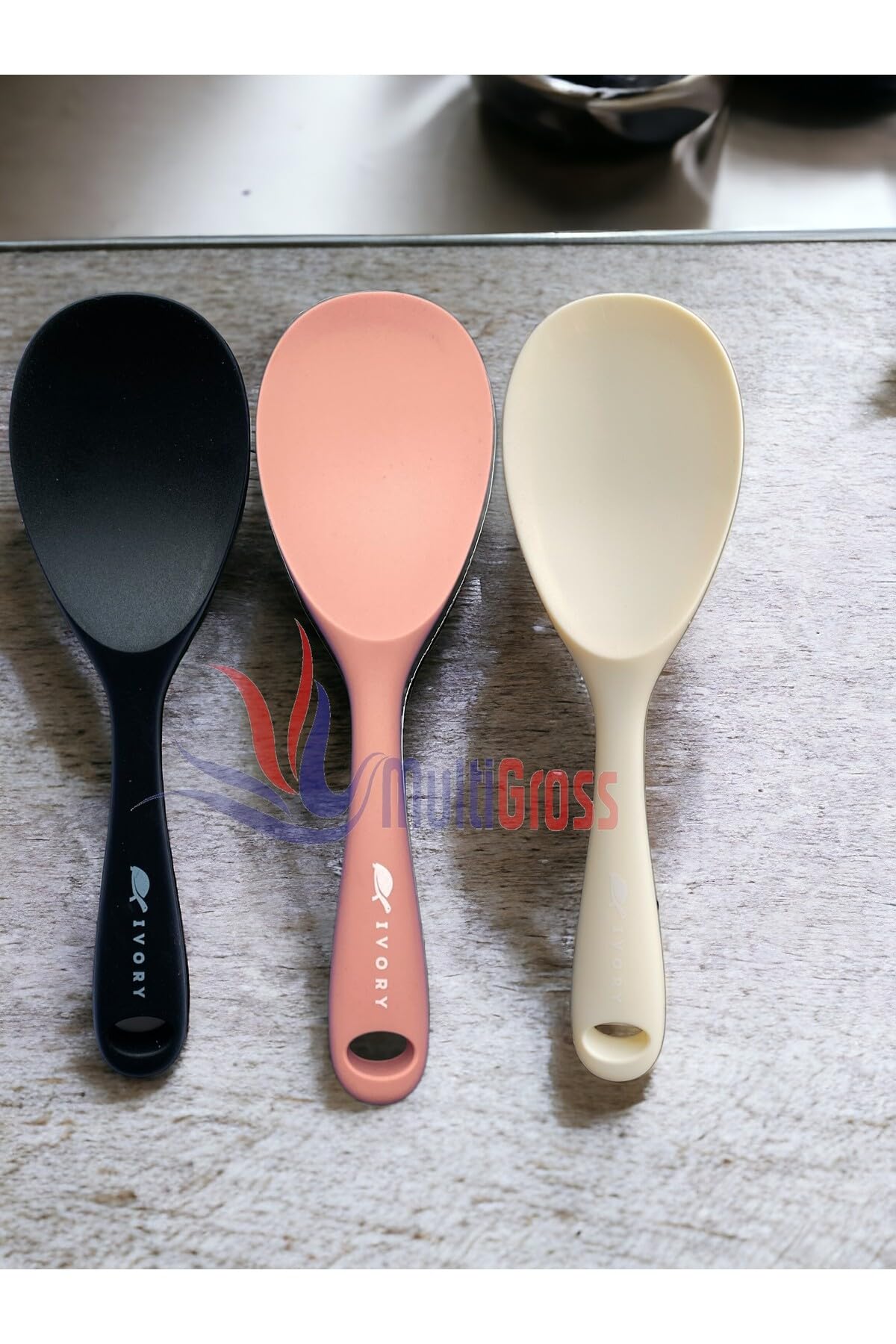 Multiamo Sert Uçlu Isıya Dayanıklı Yanmaz Yapışmaz Silikon Kaşık 3'lü Set, 22 cm, Siyah-Somon-Krem