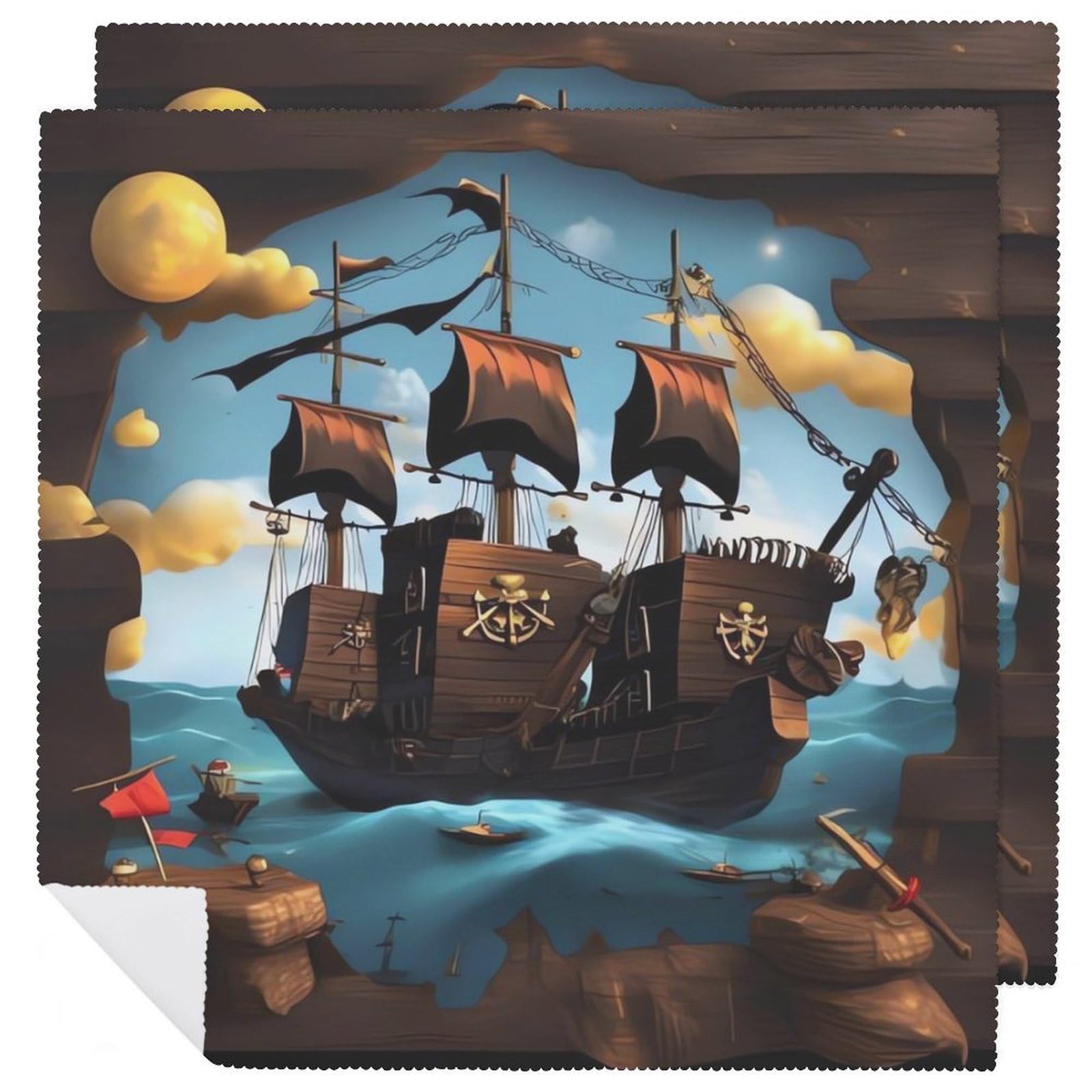 Cartoon Ship Cloth Napkin for Restaurant, Reusable Cloth Napkins for Hotel, Washable Square Table Napkins 2 PCS for Kitchen, Soft Dinner Napkin for Wedding, Party