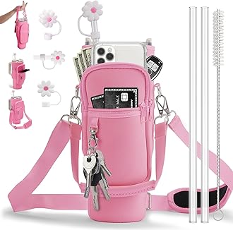 Water Bottle Carrier Bag with Phone Pocket for Stanley 40 oz Tumbler Neoprene Water Bottle Sling Sleeve Holder for Stanley Cup Accessories with 1 Straw Cover & 2 Straws & 1 Brushes