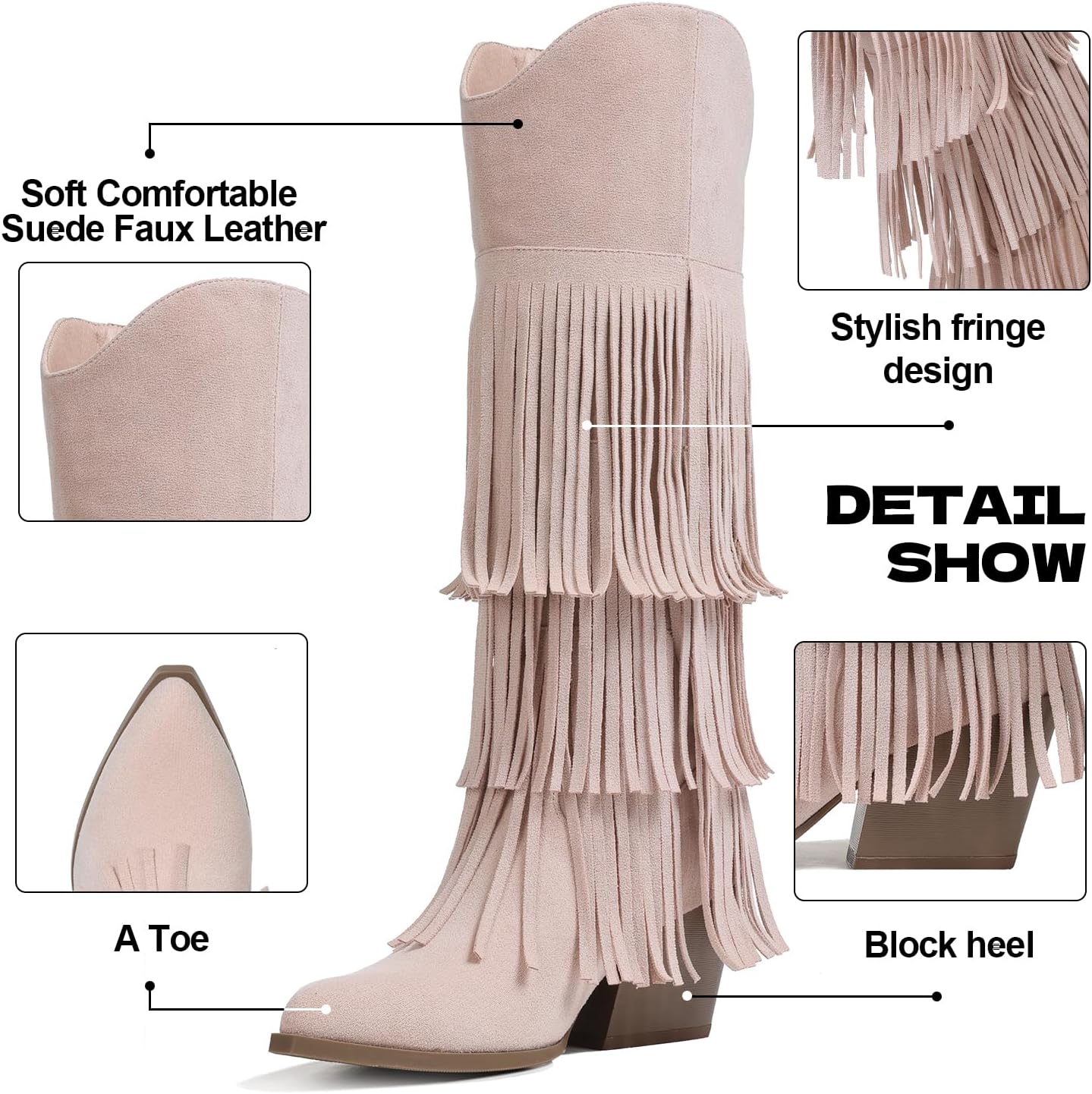 Cowgirl Boots for Women Retro Pointed Toe Pull On Block Chunky Heel Fringe Country Concert Outfits Knee High Western Suede and Faux Leather Cowboy Boots - Image 8