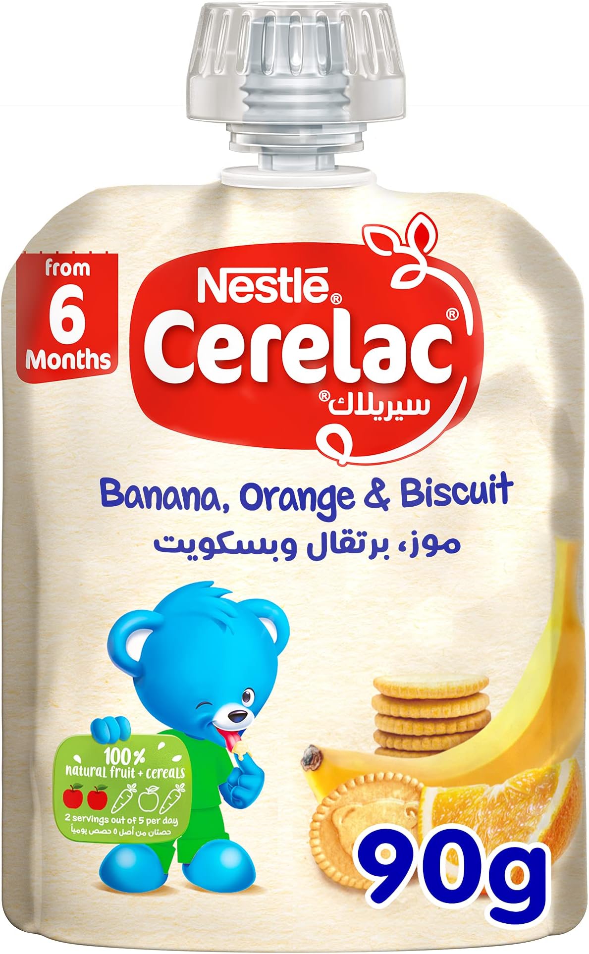 Nestle Cerelac Baby Food Fruits and Biscuits Puree Pouch Banana, Apple, Orange & Biscuit, High in Vitamin C, No artificial flavors, No preservatives. 90G (6m+)