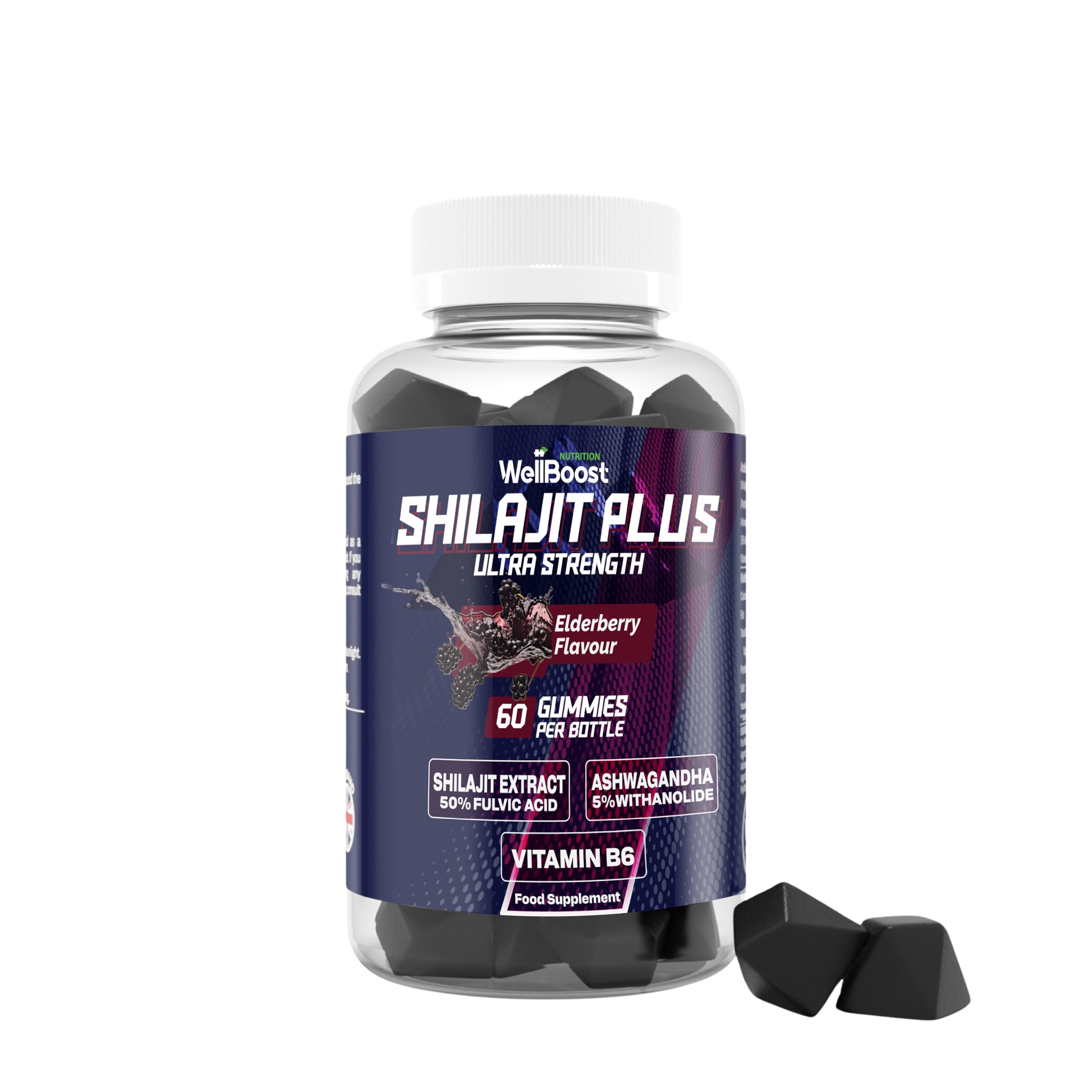 WellBoost Shilajit Plus Gummies – 200mg Shilajit, 40mg Ashwagandha, 2mg Vitamin B6 – Vegan Elderberry Flavour – Energy, Vitality & Well-Being Support for Adults (1 Month Supply).