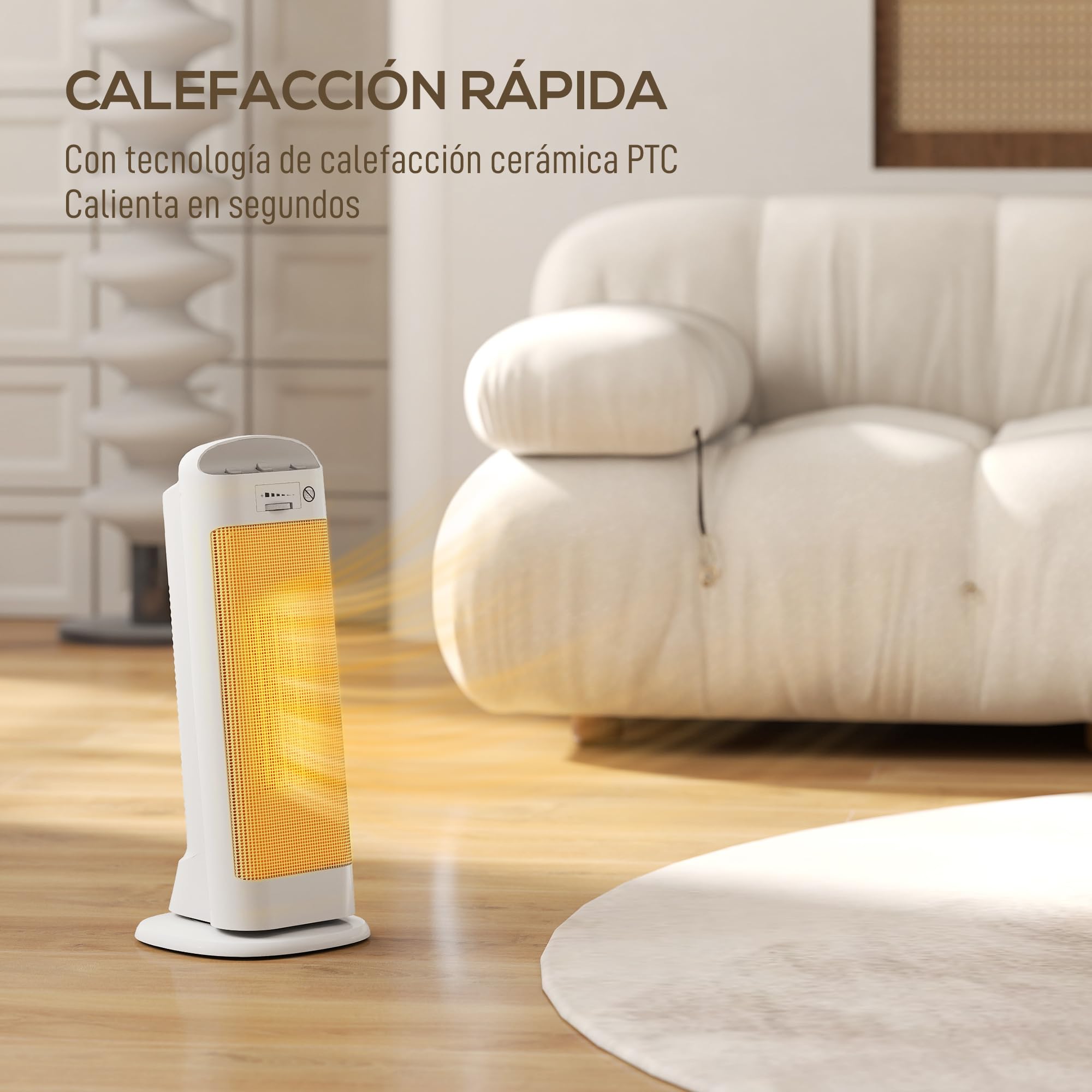 HOMCOM Calefactor Eléctrico Bajo Consumo Aire Caliente, 2000W PTC, Blanco | 4 Modos, Termostato Regulable, Oscilación de 55°, Protección Antivuelco y Sobrecalentamiento, para 15㎡, Dormitorio