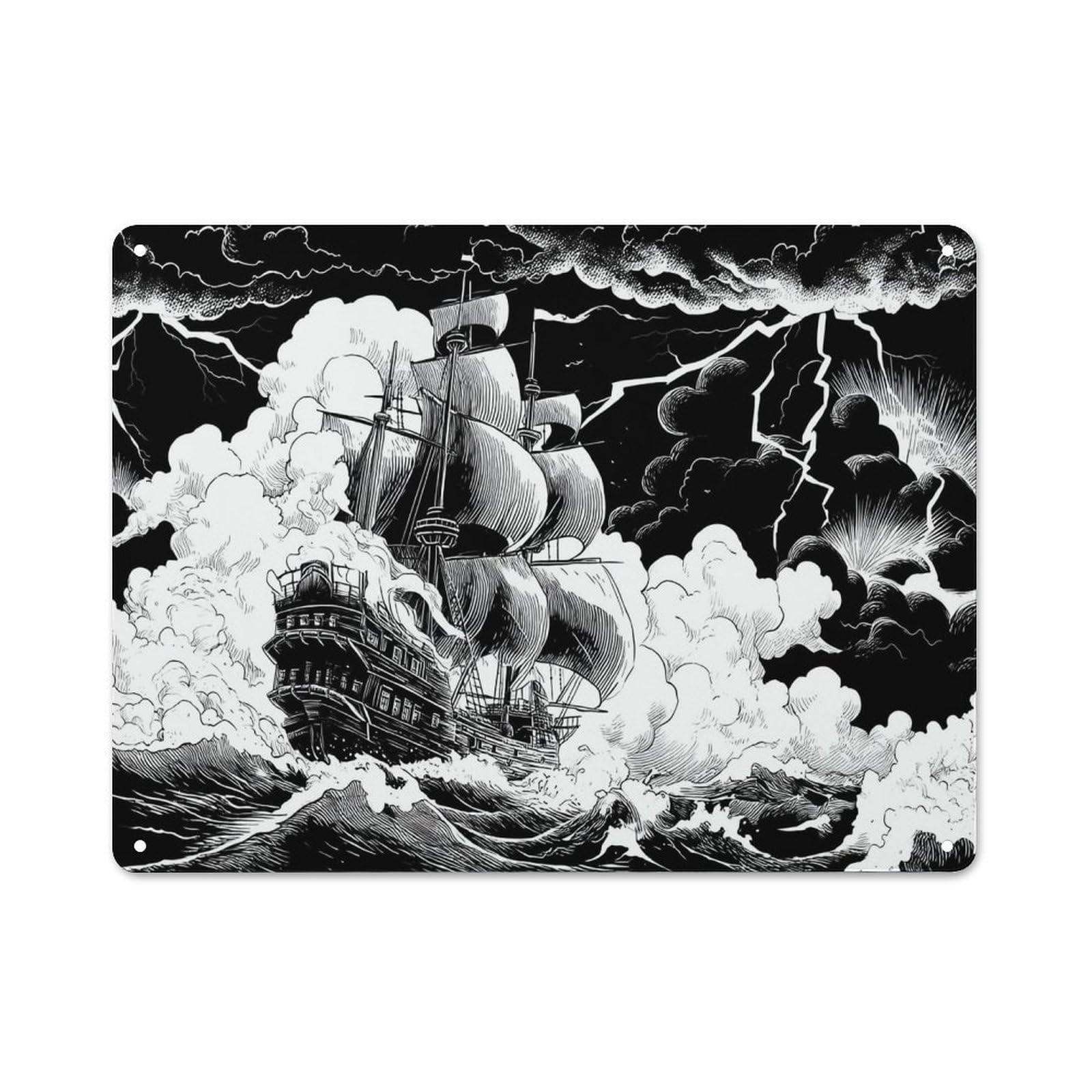 Junmoney Ship In Stormy Seas Classic Metal Plaque 30X40cm Featuring Bistro Wall Plaque For Kitchen, Cafe, Pantry Or Dining Room