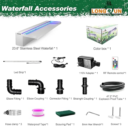 Miniatura 2 de LONGRUN Fuente de piscina de acero inoxidable para estanque para exteriores, cascada con plataforma de flujo de agua más ancha, rociador de luz LED