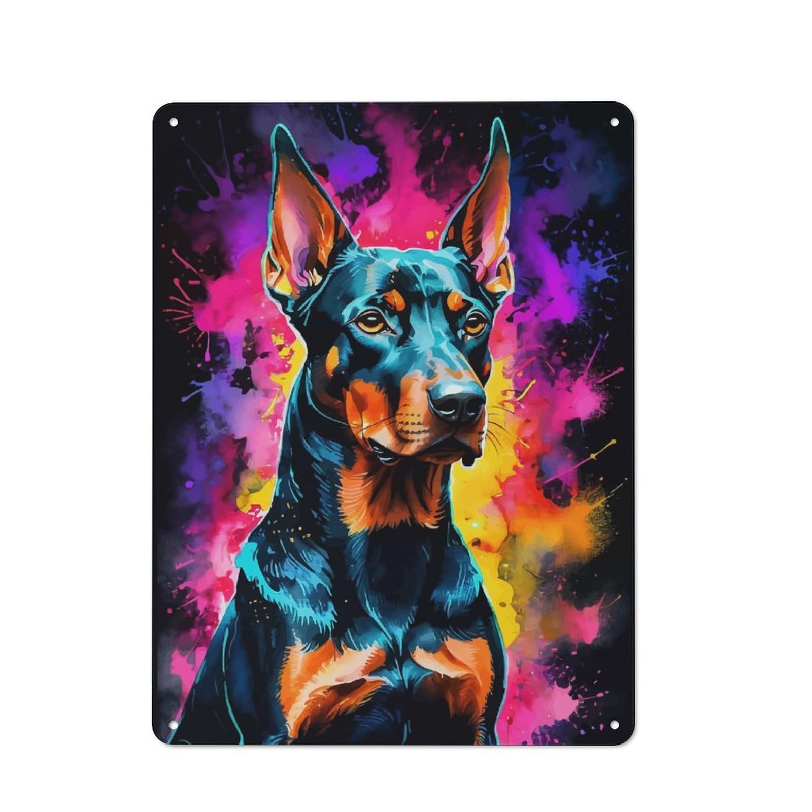 Junmoney Doberman In Watercolor Neon Rustic Tin Sign 40X30cm Featuring For Living Room Wall, For Metal Sign Collectors, For Garage And Workshop Walls