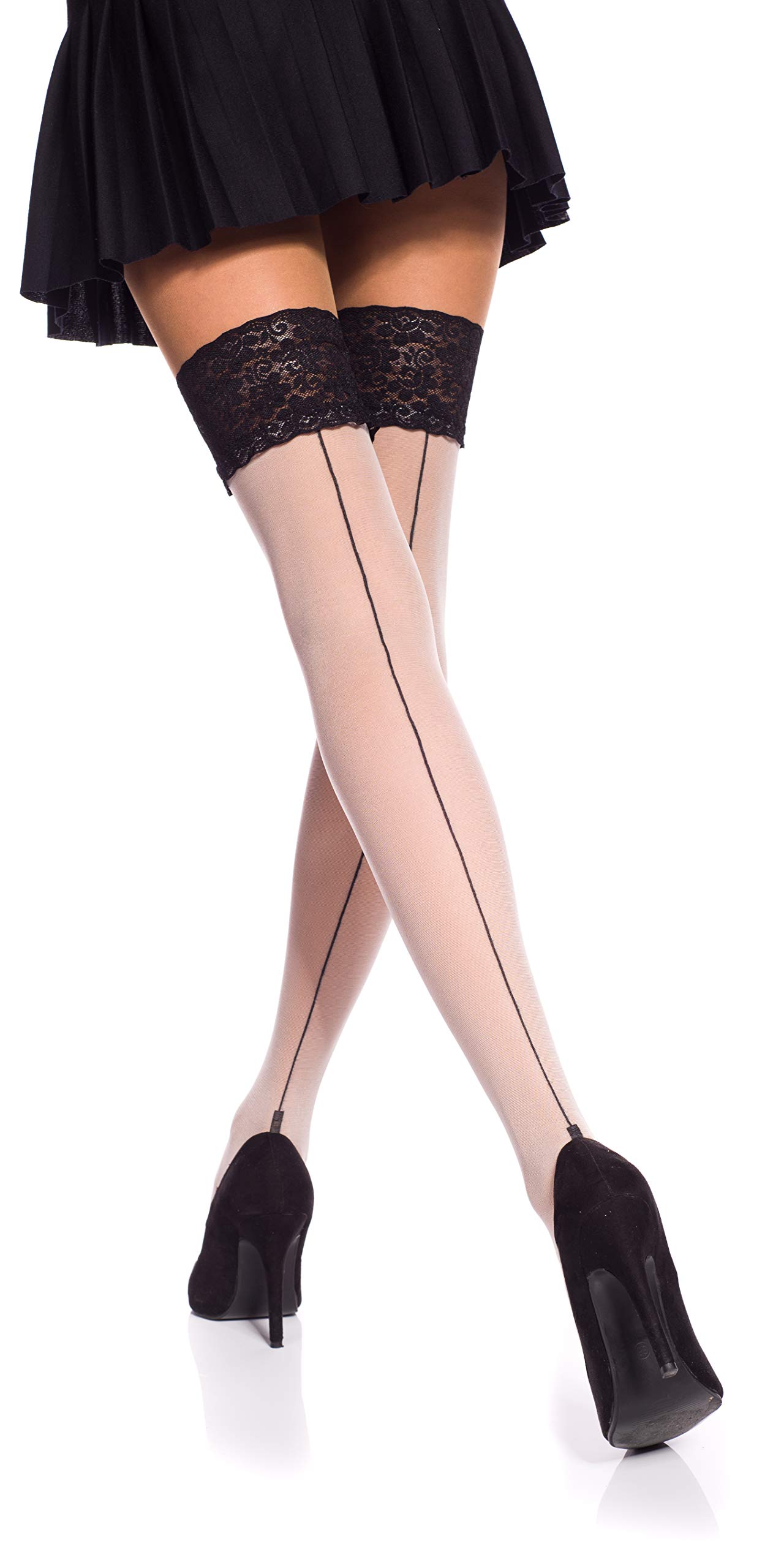 Romartex 20 Denier Hold Ups Stockings with Back Seam, XL, ecru with black
