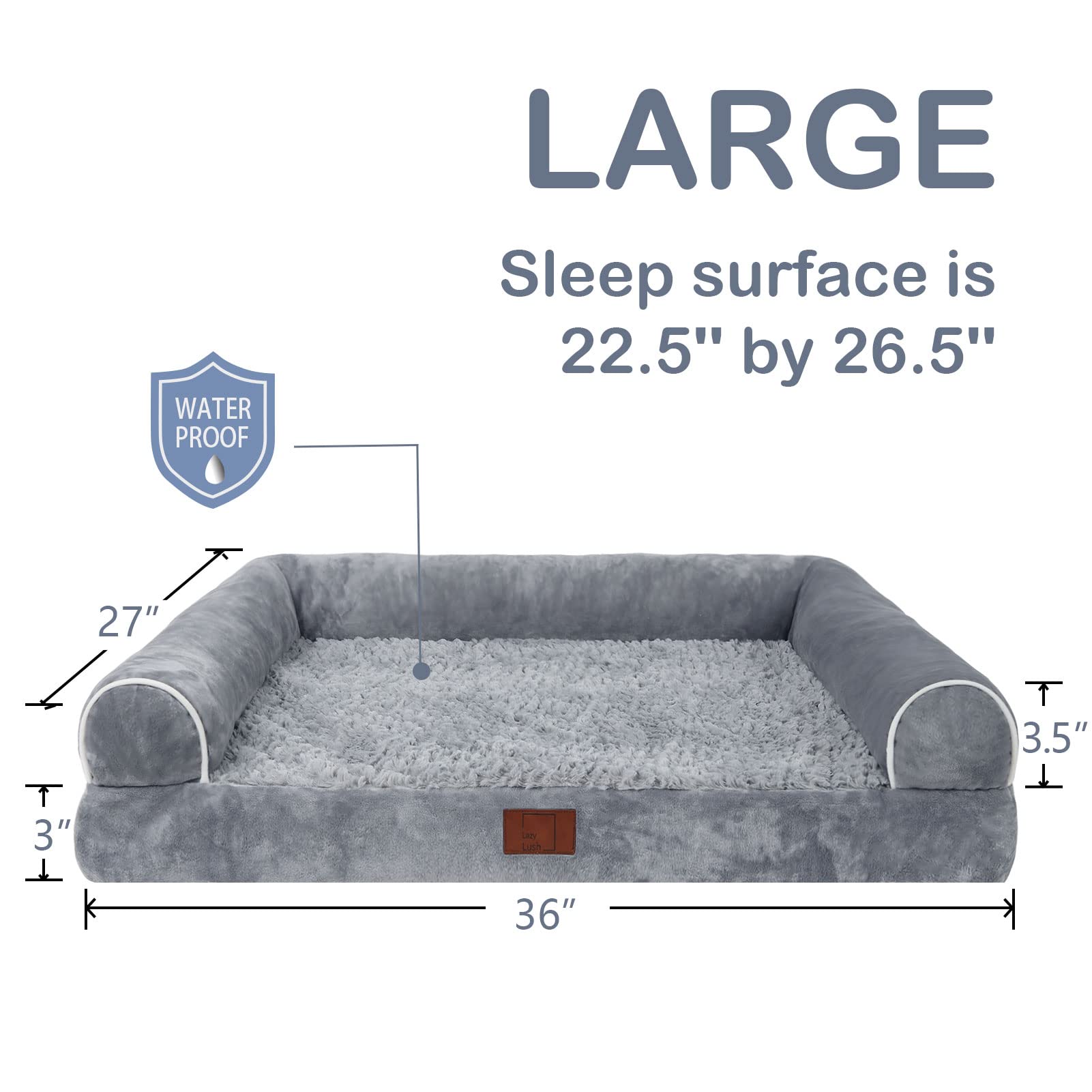 Lazy Lush Orthopedic Dog Bed for Large Dogs, Waterproof Dog Sofa Bolster Bed Plush Comfy Pet Couch Bed with Egg Crate Foam and Removable Cover, Washable Dog Bed