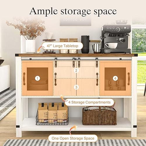Miniatura 3 de 4ever2buy Gabinete de café de granja con almacenamiento, mesa de café de 47 pulgadas con puerta corrediza de granero, gabinete de buffet de café