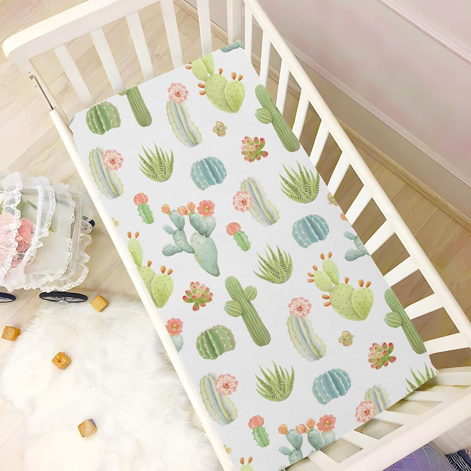 Fitted Crib Sheets Cactus Flowers Stretchy Portable Playard Sheets for Baby Toddler, Breathable Soft Mini Crib Mattress 52 x 28 in for Boys and Girls