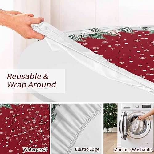 Vista 9 de Mantel redondo ajustable de Navidad para mesa redonda, mantel rojo floral de Navidad, mantel impermeable con borde elástico, mantel circular rojo