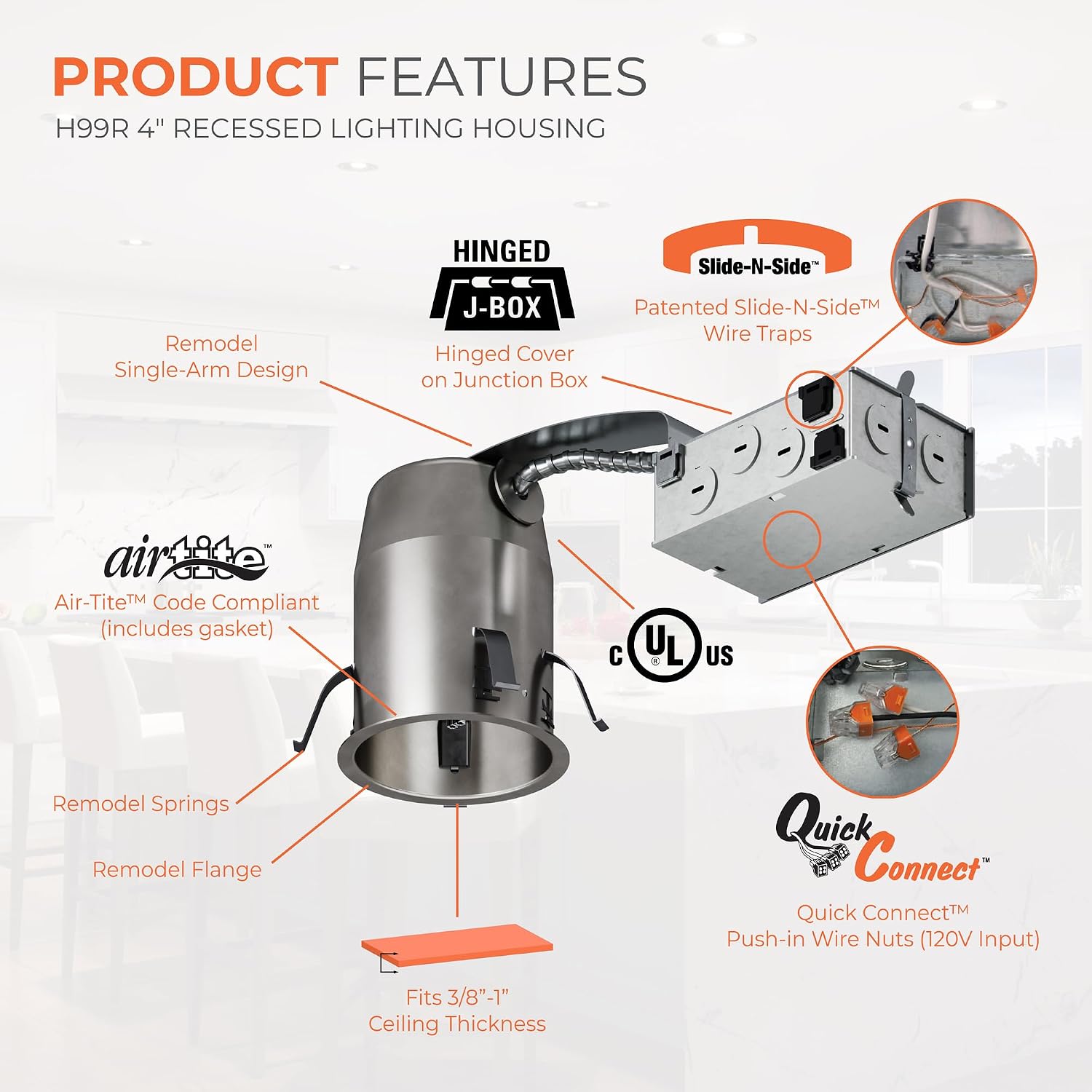 HALO 4-Inch IC-Rated Air-Tite Remodel Dedicated LED Recessed Lighting Housing, Plug-in Connection for RA4, RL4, LT4 LED Modules, 4 Remodel Clips, Insulation Contact Can Light - H995RICAT