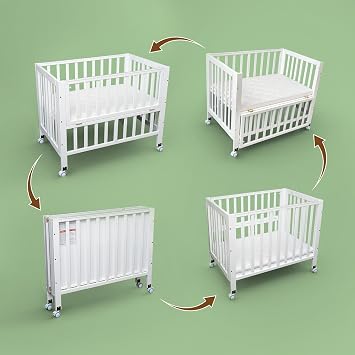 Flwrgirl Portable Mini Baby Crib - Pine Wood Foldable 4-in-1 Baby Crib with Mattress,Portable Bedside Bassinet Sleeper,3 Adjustable-Height Baby Cribs for 0-18 Months,White