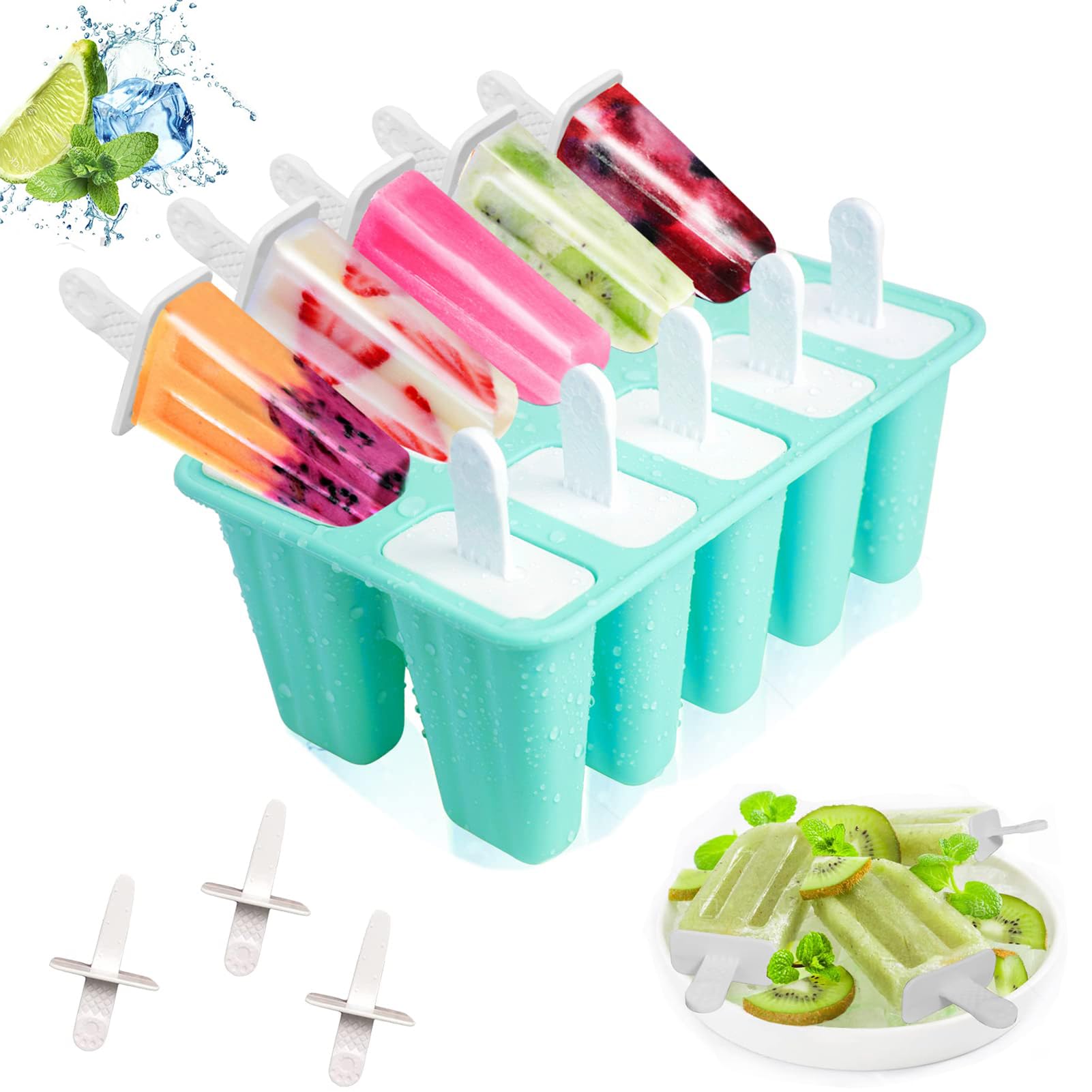 Ice Lolly Moulds, Lerryone Ice Cream Moulds 10 Pieces Reusable Silicone Popsicle Mould, Food Grade BPA-Free Ice Pop Mould, Easy to Remove Ice Lolly Maker, Green