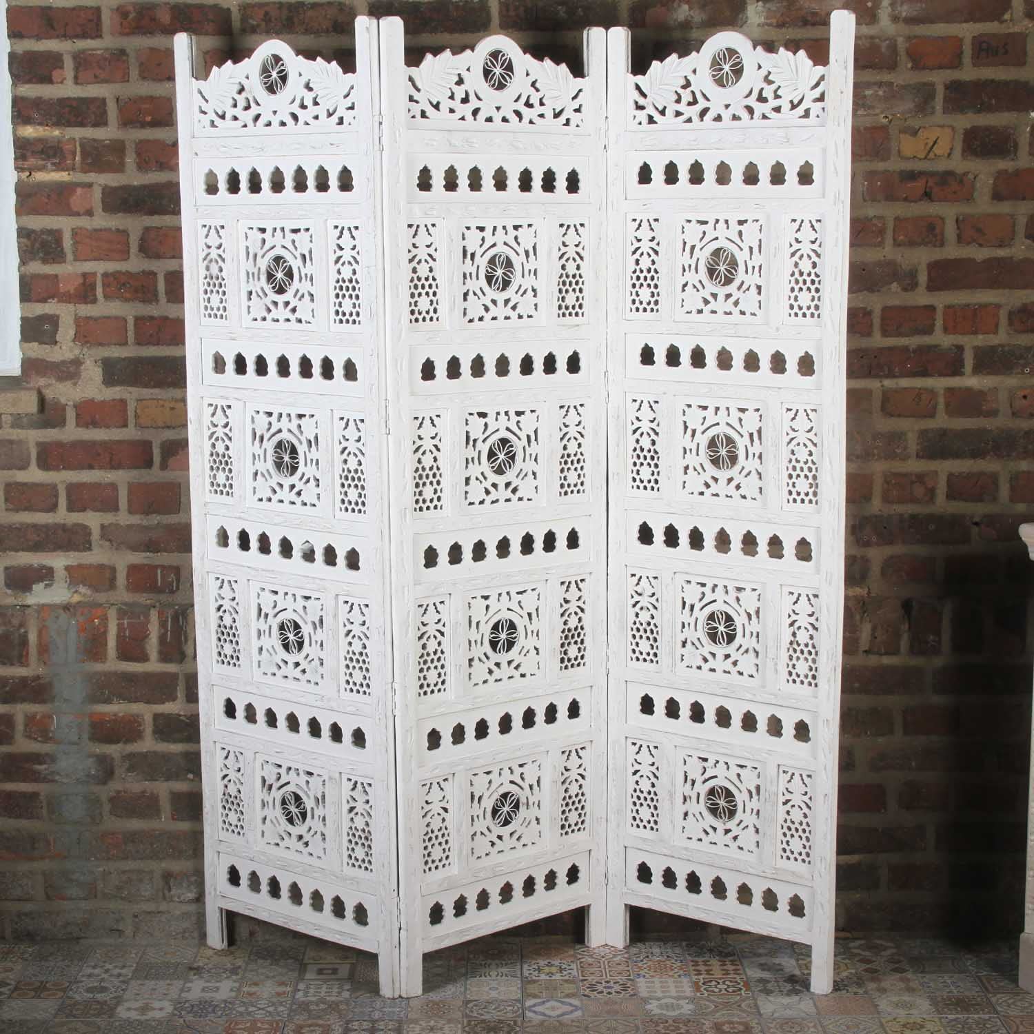 Casa Moro | Oriental Paravent Room Divider Ramez Bianco 203x183 cm 4 pezzi di vero legno dipinto in Shabby Chic|Parete divisoria indiana come divisorio e bella decorazione | Puro artigianato | PV5510