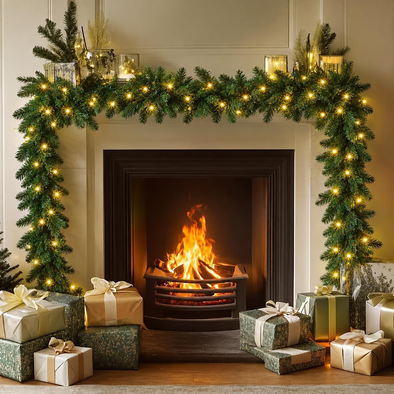 5m/16FT Girlande Weihnachten Beleuchtet Outdoor, Weihnachtsgirlande mit Beleuchtung, Beleuchtete Künstliche Tannengirlande Türgirlande mit 100 LEDs, Weihnachtsdeko Girlande für Innen Außen Küche, Haushalt & Wohnen