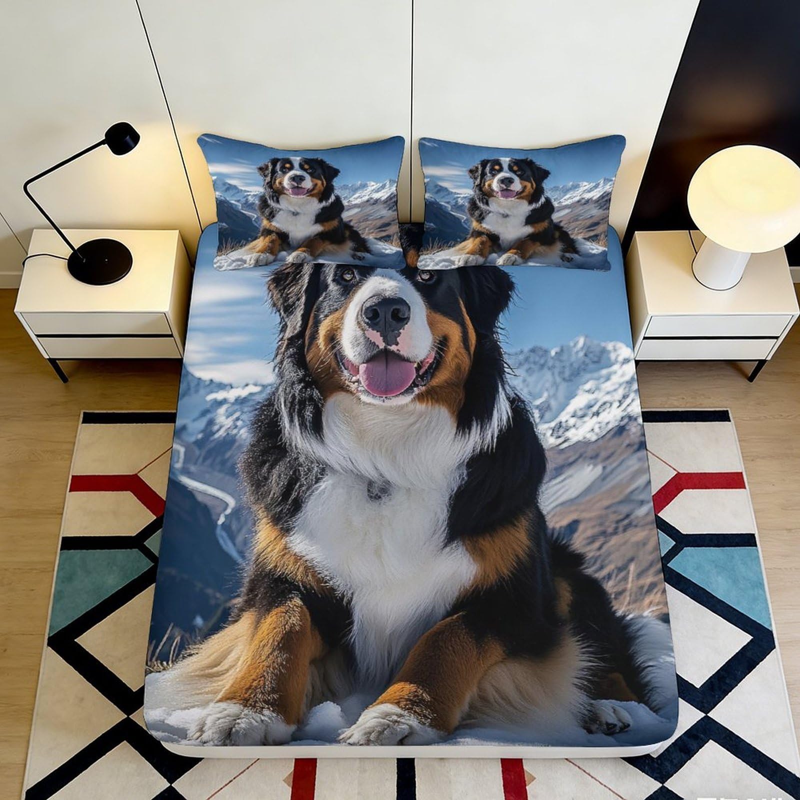3D Printed Bernese Mountain Dog Fitted Sheet Microfiber Soft Mattress Cover Scenic Mountain Bedroom Decor 90x200x25cm