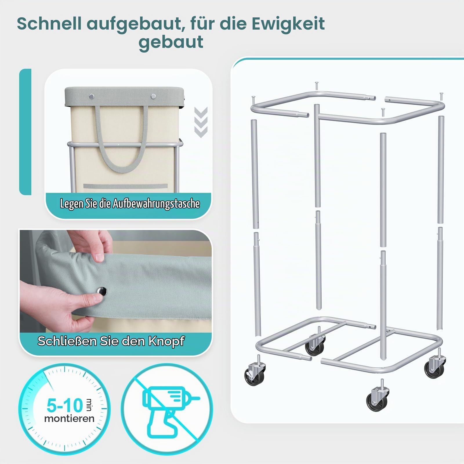 JYPS Wäschekorb, 150L Groß Wäschekorb mit Rollen&Griff, Wäschesammler mit Herausnehmbaren Wäschesack, Laundry Baskets Wäschebehälter,Waschesammelbox für Waschküche, Schlafzimmer, Badezimmer (Khaki)