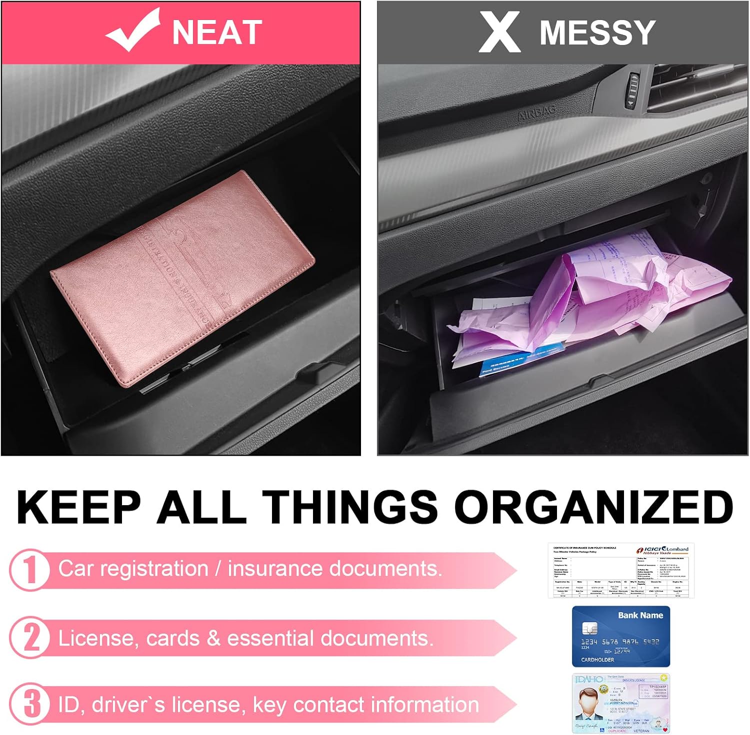 Accmor Car Registration and Insurance Holder, Leather Auto Document Card Organizer, Vehicle Glove Box Wallet Case with Magnetic Shut for Driver's License, Key Contact Information (Pink)
