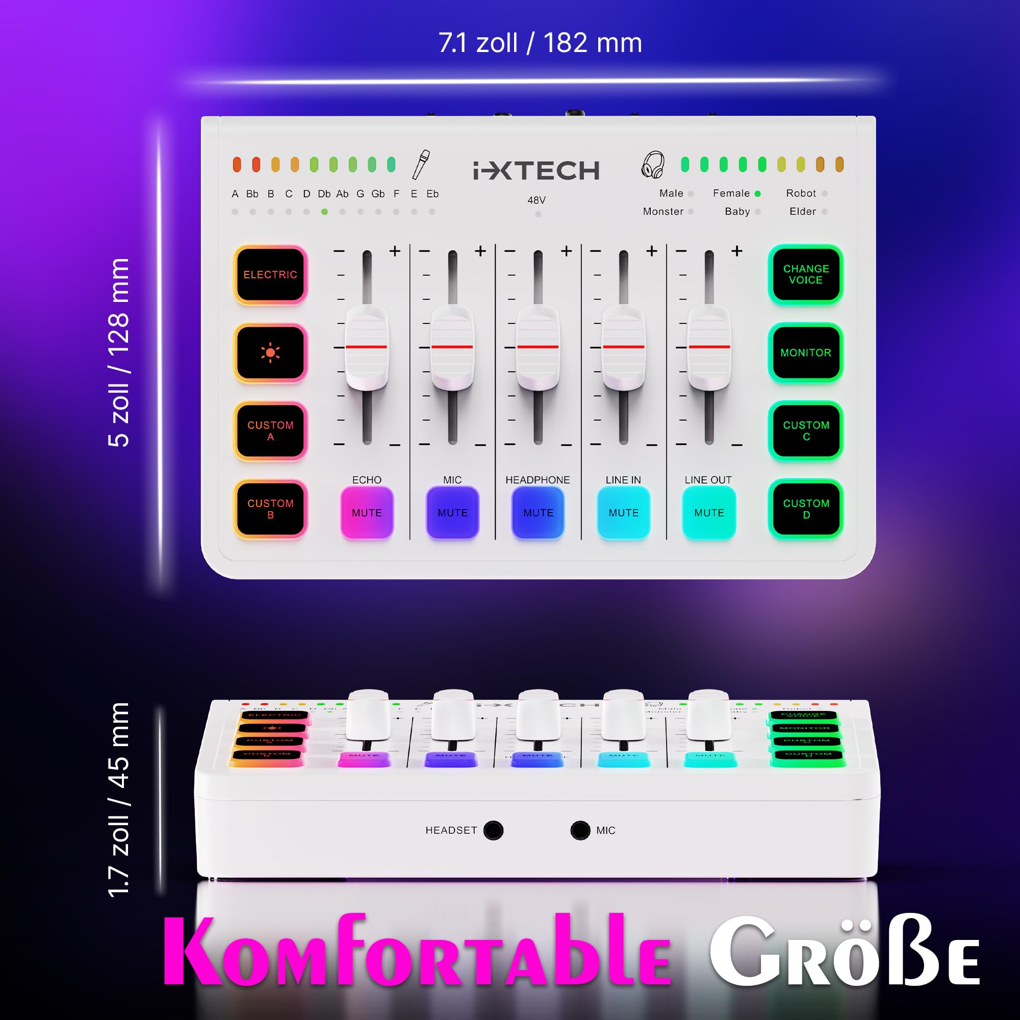 IXTECH Gaming Audio Mixer 4 Channel Soundboard, Streaming RGB PC Audio Interface with XLR Microphone Support, Audio Equalizer for Gaming Podcast Streaming Karaoke, Individual Volume Controls (White)