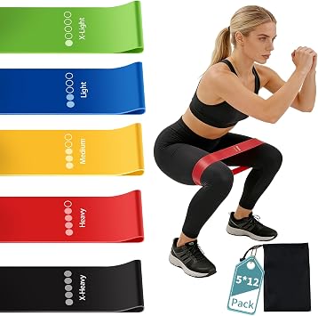 Elastic Resistance Bands Set 5 *12 Pack, Multi-Colored Workout Bands, Different Levels Exercise Band for Indoor and Outdoor Workouts, Glute and Leg Strength Training, Pilates and Yoga Practice