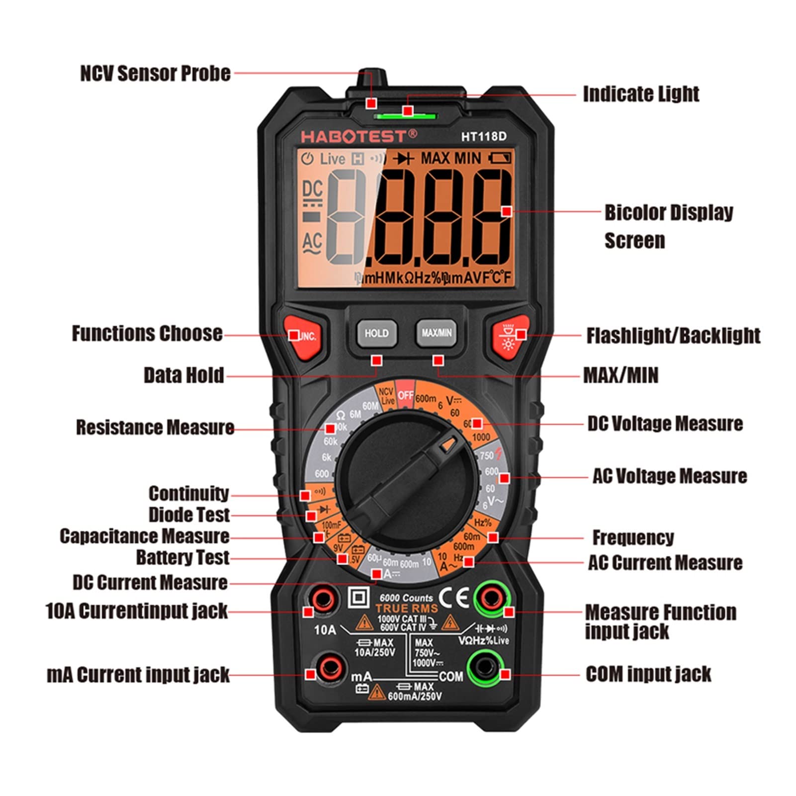 Cyfrowe multitestery HT118 Prawdziwe Rms. Cyfrowy multimetr AC DC. AmpernapięciaOhmmeterHz NCV. CiągłośćBattery Tester6000Counts1000-V10A z funkcją napięcia fazowego i bezdotykowego (Color : HT118C)