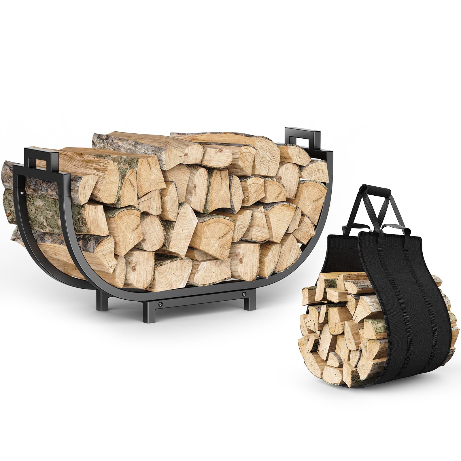 Elbourn Firewood Rack, 24 Inch Indoor Fireplace Log Holder with Carrier, Thickened Metal Rustproof Wood Storage Rack