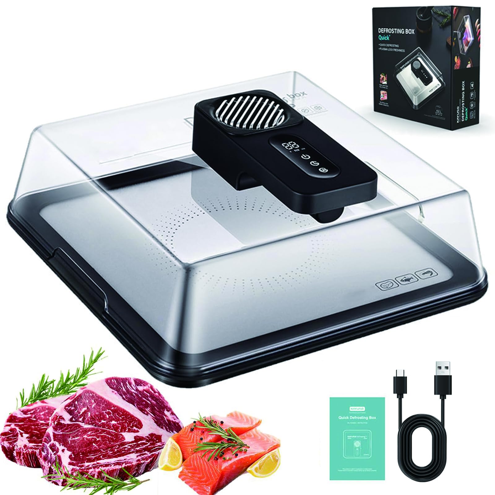 FHRKA Electric Thawing Board – 4.2L Meat Defrosting Tray with Smart Timing, Seafood & Vegetables, 2000mAh Home Kitchen Defrost Plate white (Black)