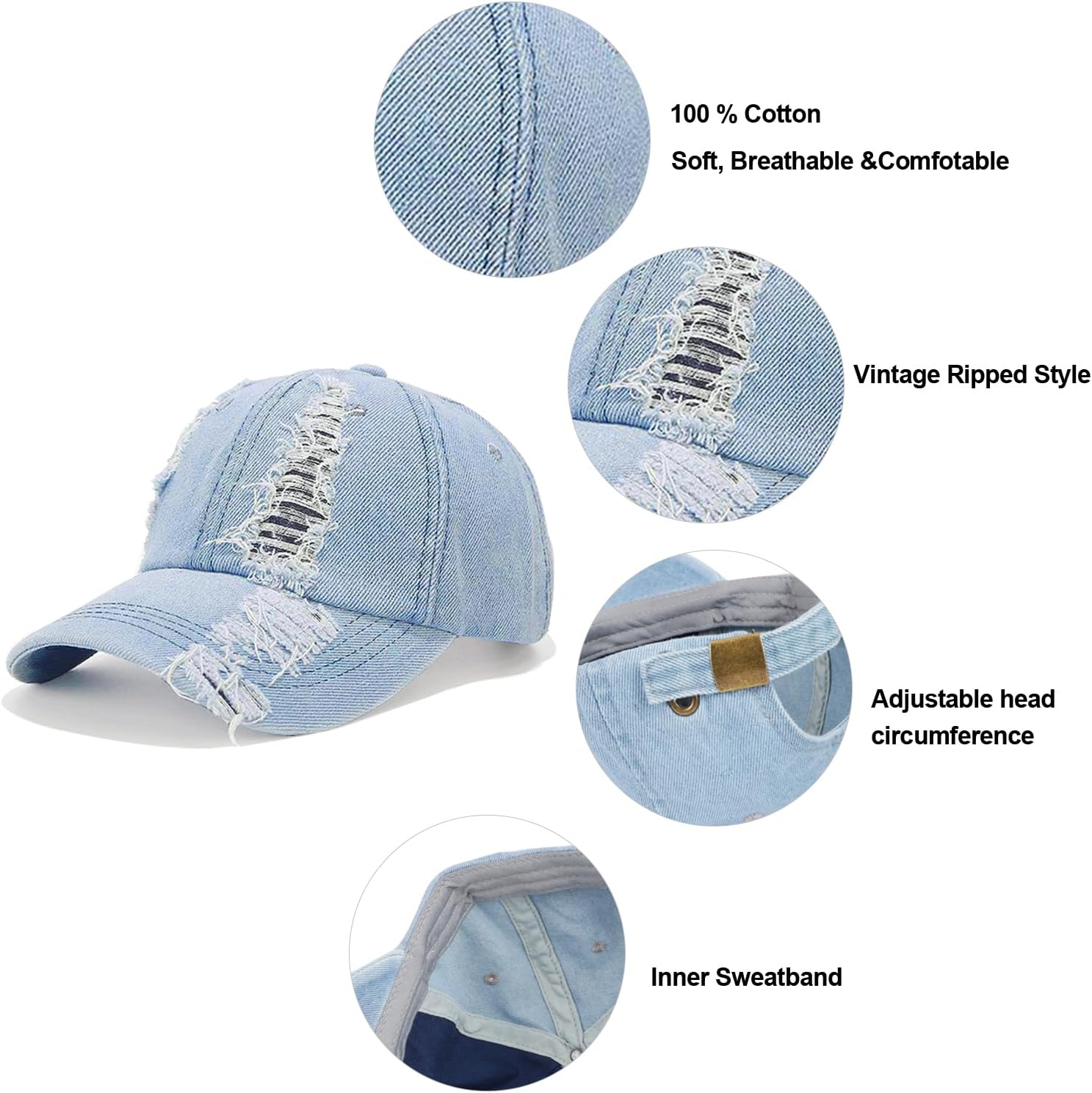 Vintage Distressed Ripped Denim Baseball Cap Low Profile Unstructured Cotton Dad Hat Adjustable for Women Men - Image 4