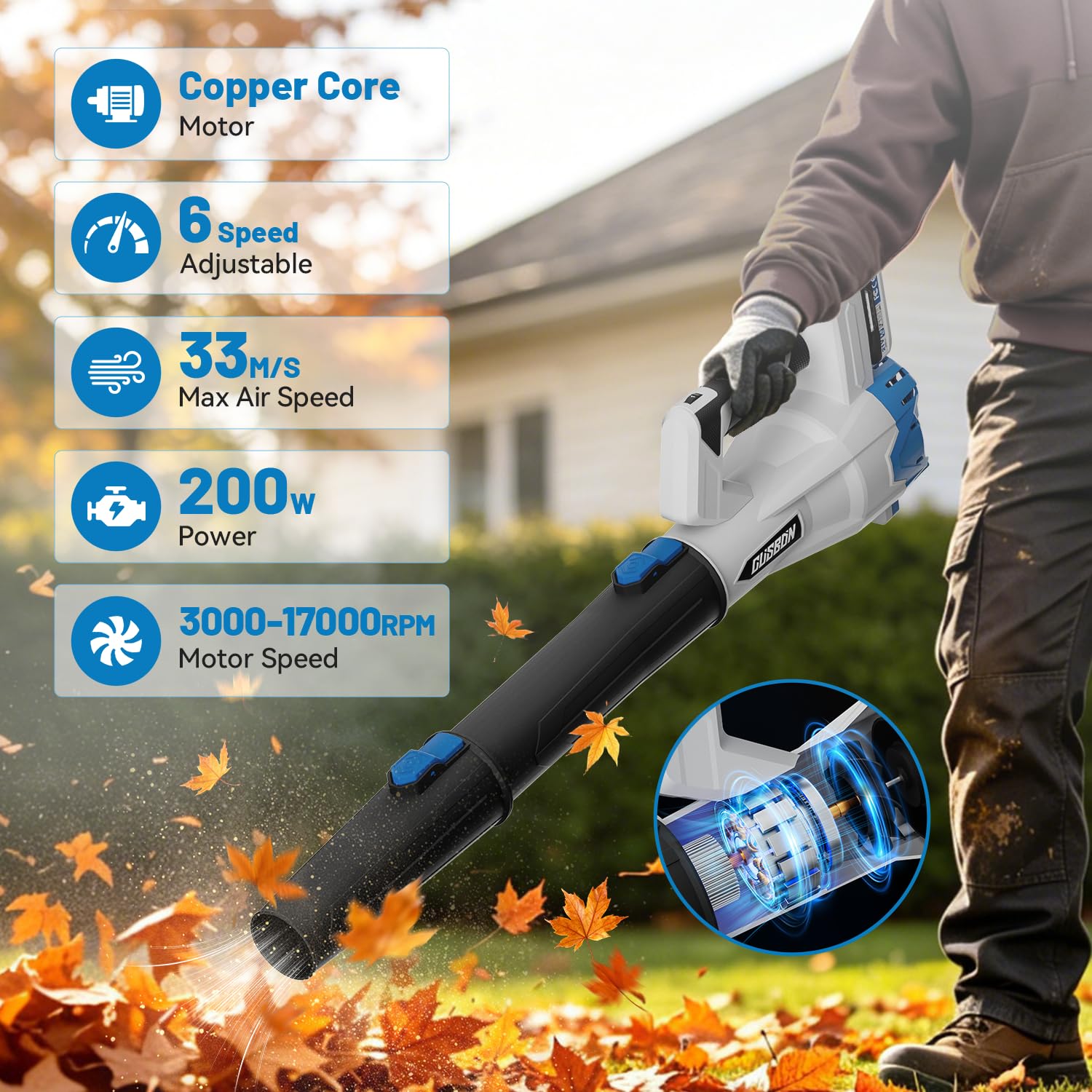 Souffleur de Feuilles CUSBON, Souffleur avec batterie 2 x 2,0Ah et chargeur