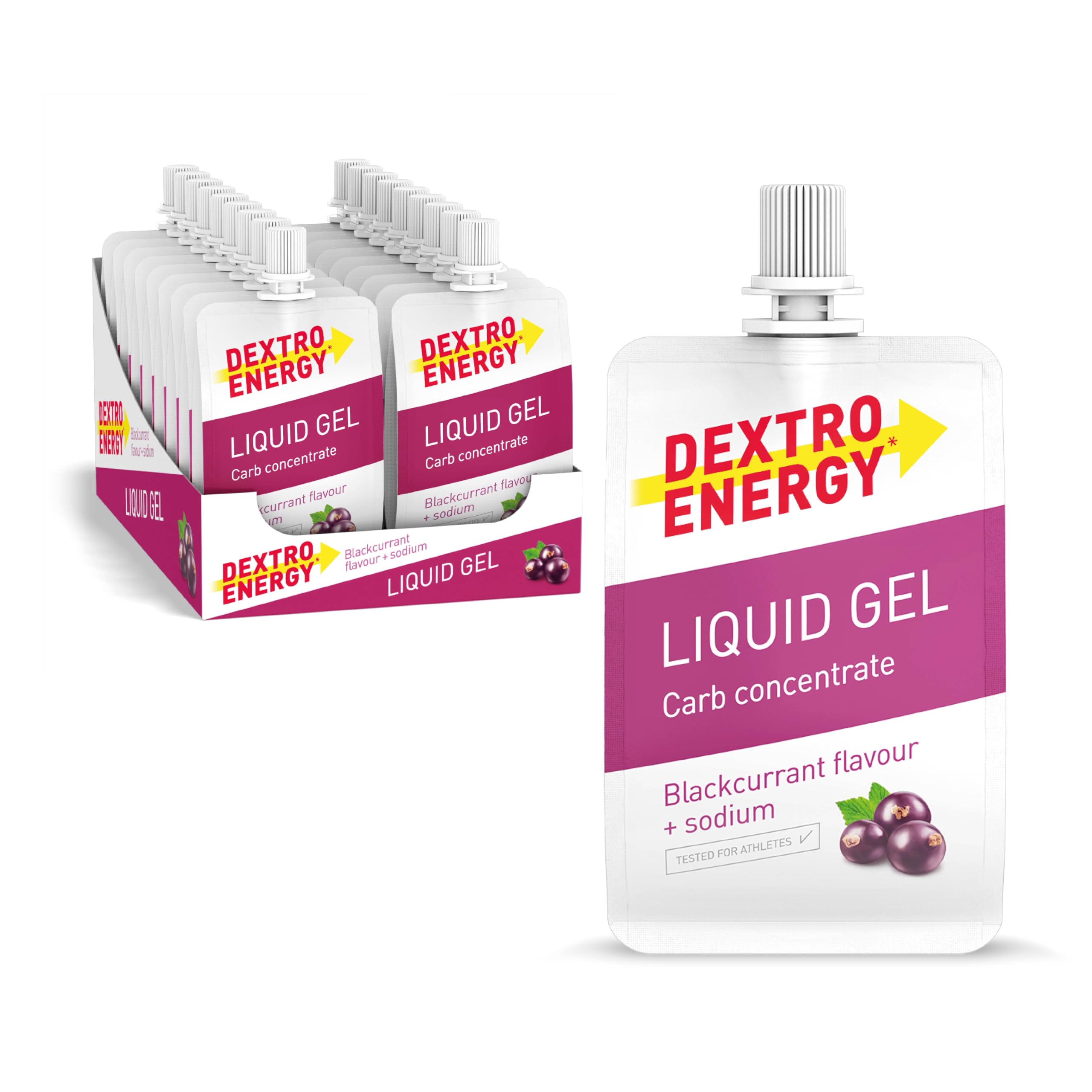 Dextro Energy Liquid Gel Blackcurrant + Sodio - 18x60 ml (Pack de 18) | High Carb Energy Gel para aporte rápido de carbohidratos + 240 mg de sodio