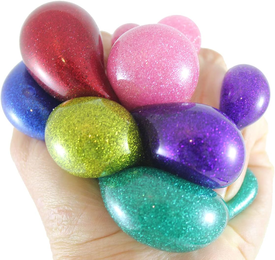 6 Balls Individually Wrapped - Small 1.5" Metallic Glitter with Thick Gel Mold-able Stress Ball - Ceiling Sticky Glob Balls - Squishy Gooey Shape-able Squish Sensory Squeeze Balls