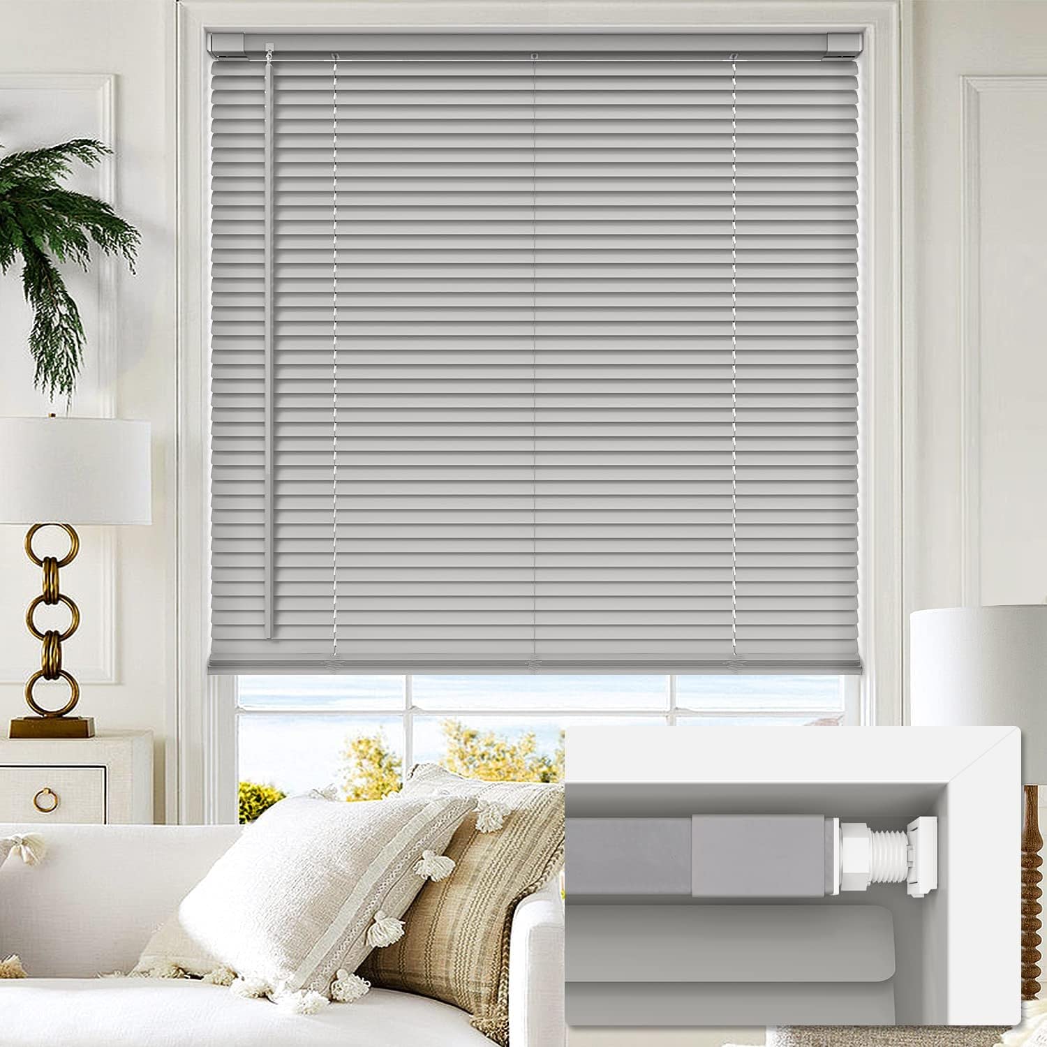 LazBlinds No Drill 1" Vinyl Horizontal Mini Blinds, Grey, Custom Size