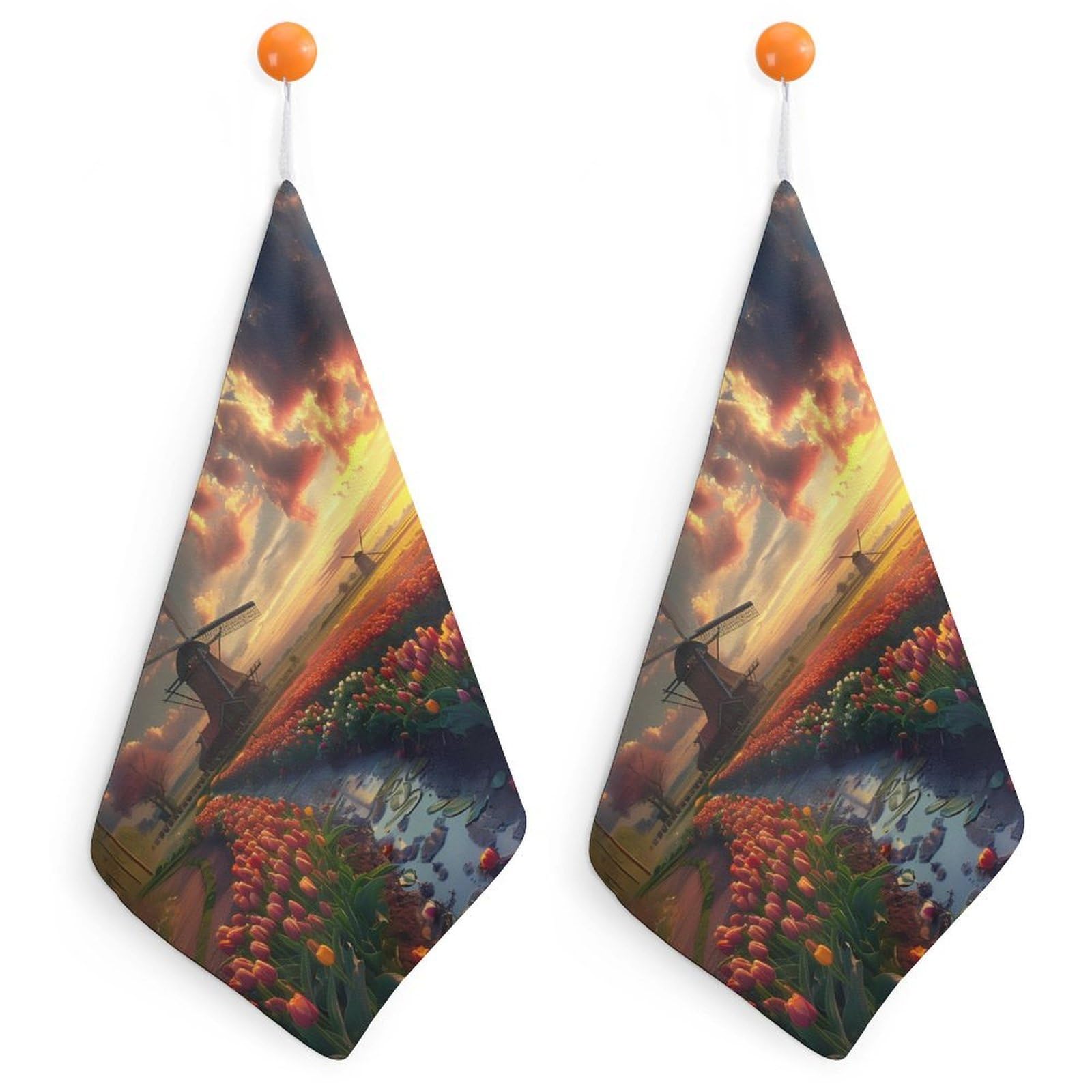 CGSBNGHA Vibrant Tulips Field with Dutch Windmills Hand Towel Hanging Face Towels Cleaning Cloths Handkerchief for Bathroom Kitchen