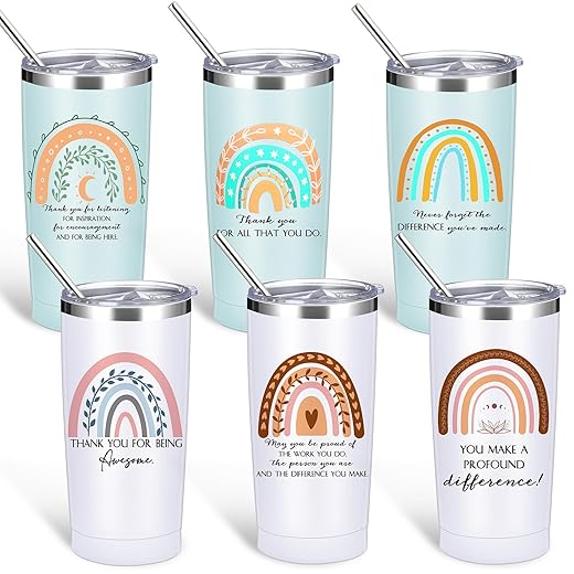 6 Pcs Thank You Gifts Employee Appreciation Tumbler Cup 20 oz Stainless Steel Insulated Coffee Mug with Lids and Straw for Women Coworker Employee Nurse Volunteer Christmas Gifts(Green, White)