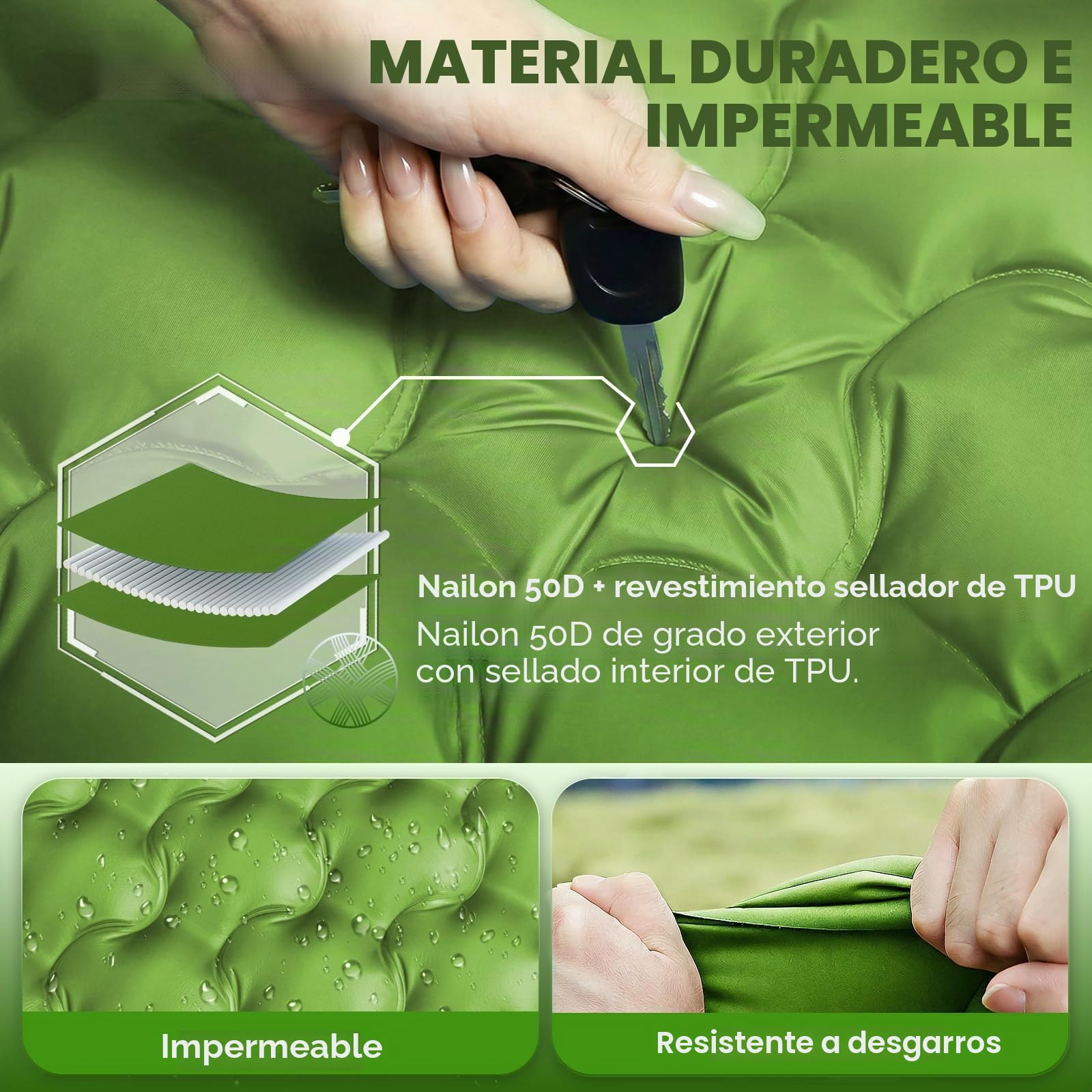 JATEKA Colchoneta Autoinflable XL para Camping, Individual con Correas, Verde y Azul, Colchón Ligero para Senderismo