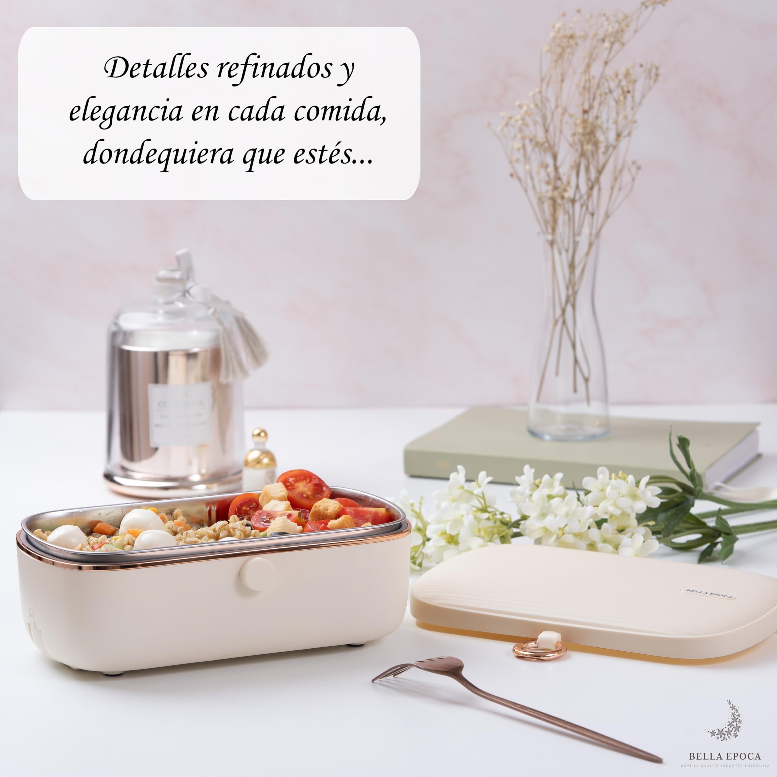 Bella Epoca® - Fiambrera eléctrica, un Portacomidas Elegante. Calentador Portátil da comida con 2 Compartimentos y Recipiente térmico en Acero Inoxidable (1L / 45W)