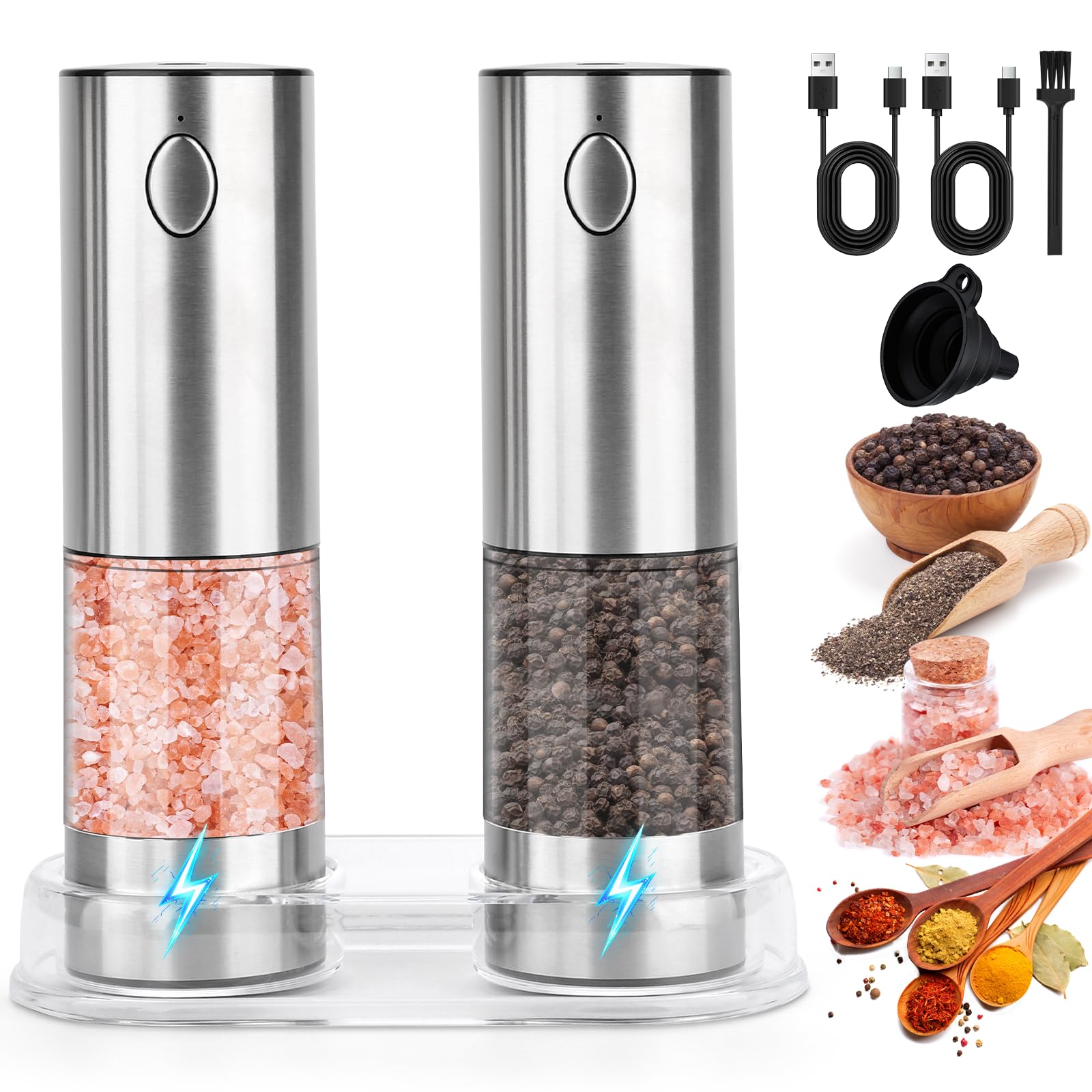 Set macina sale e pepe elettrico,Macinapepe automatici,Macina spezie con macinino in ceramica regolabile con granulometria regolabile,acciaio inox,per cucina e barbecuegrana - Argento